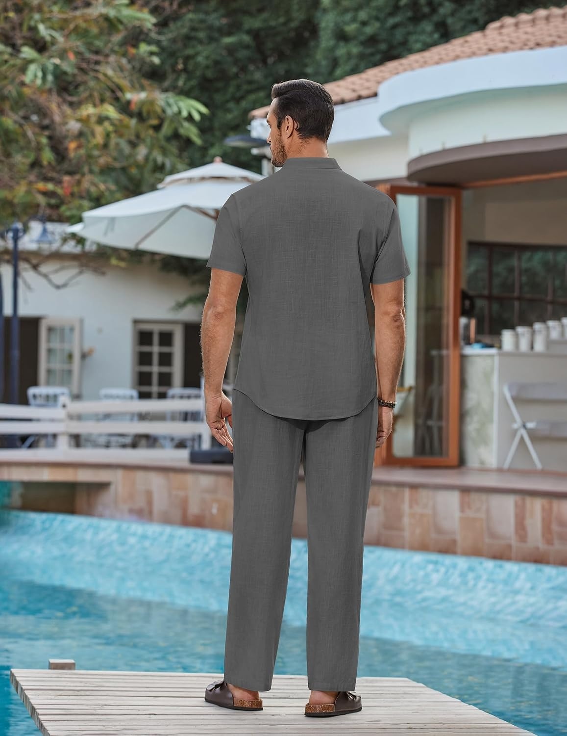 image:imageCOOFANDY Mens 2 Piece Cotton Linen Sets Beach Outfits Pants and Shirt Set Linen Outfits Set with Pockets Casual Short Sleeve Henley Shirts Beach Pants with Pockets Summer Vacation Yoga OutfitsZdark Grey