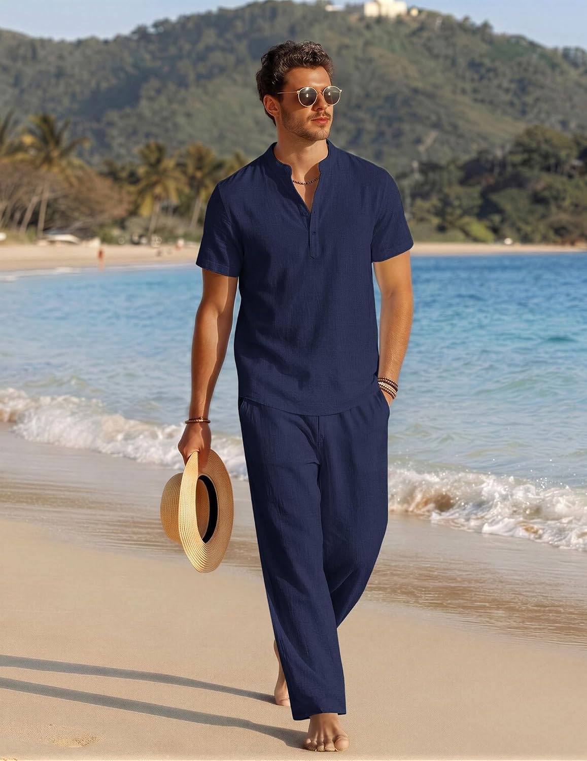image:imageCOOFANDY Mens 2 Piece Cotton Linen Sets Beach Outfits Pants and Shirt Set Linen Outfits Set with Pockets Casual Short Sleeve Henley Shirts Beach Pants with Pockets Summer Vacation Yoga OutfitsZnavy Blue