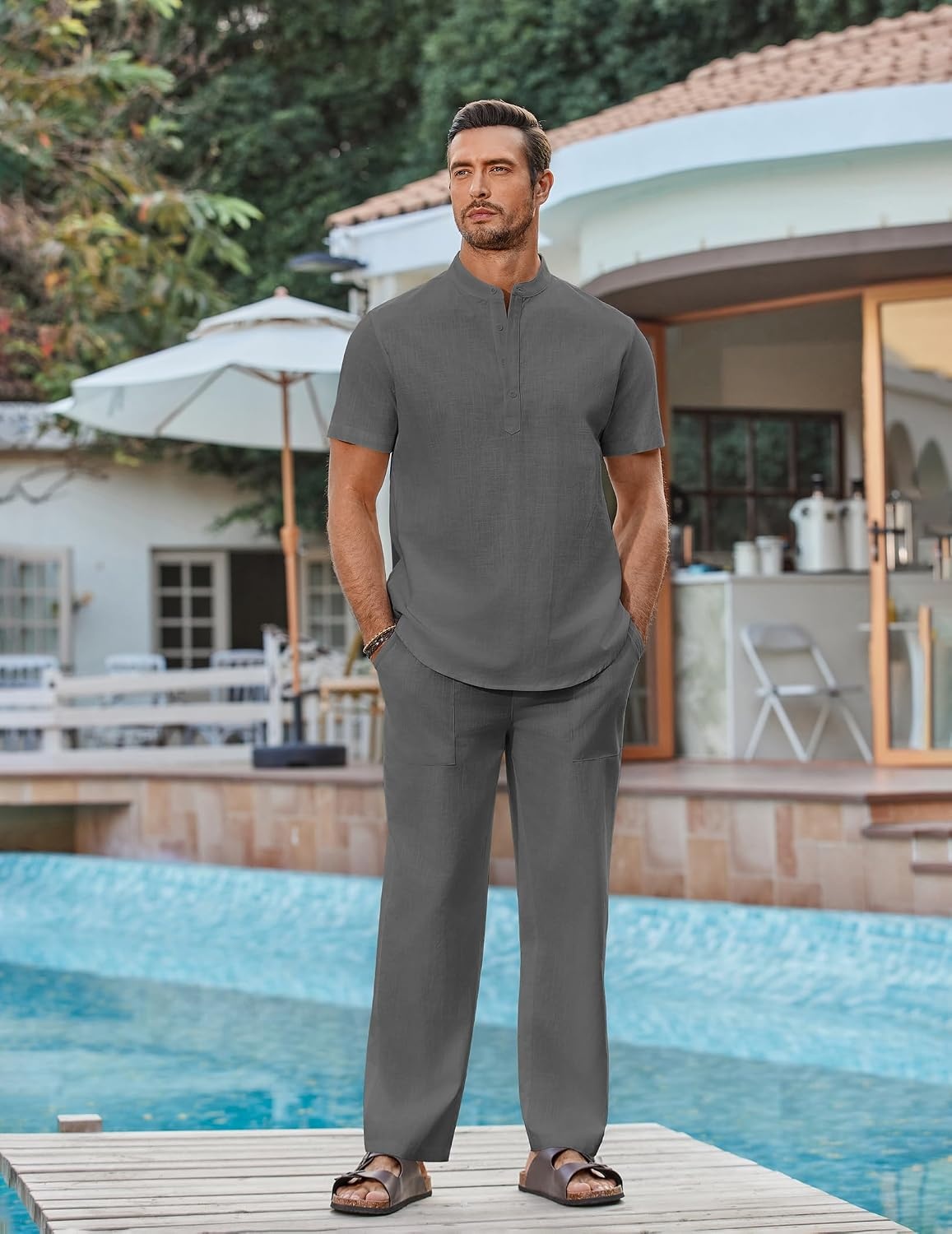 image:imageCOOFANDY Mens 2 Piece Cotton Linen Sets Beach Outfits Pants and Shirt Set Linen Outfits Set with Pockets Casual Short Sleeve Henley Shirts Beach Pants with Pockets Summer Vacation Yoga OutfitsZdark Grey