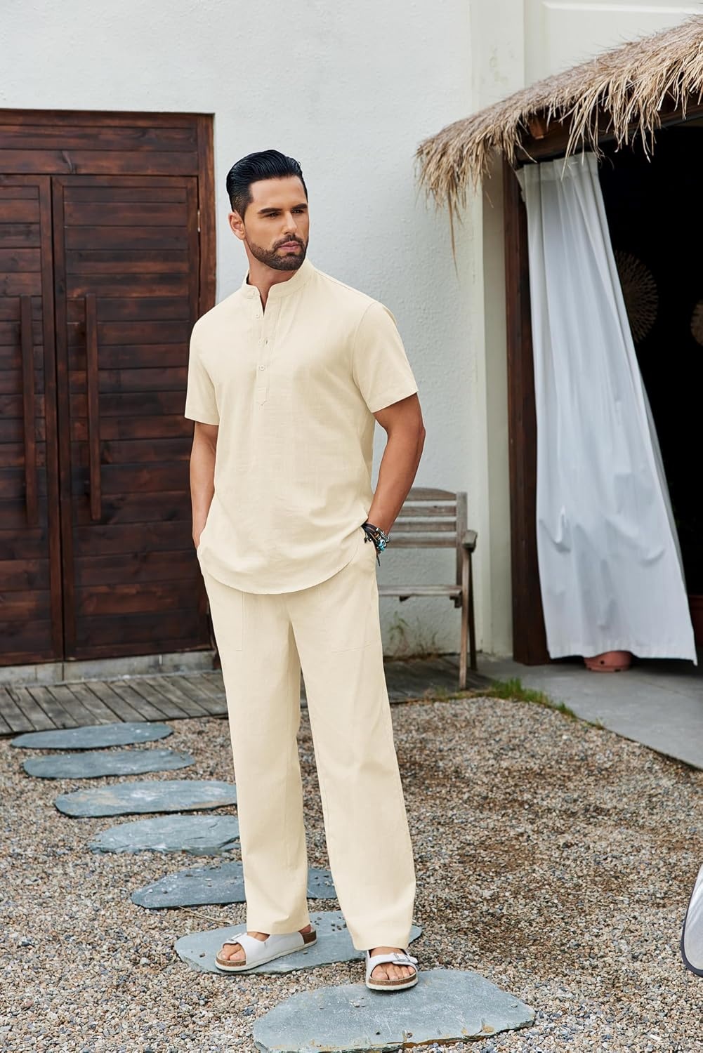 image:imageCOOFANDY Mens 2 Piece Cotton Linen Sets Beach Outfits Pants and Shirt Set Linen Outfits Set with Pockets Casual Short Sleeve Henley Shirts Beach Pants with Pockets Summer Vacation Yoga OutfitsAbeige