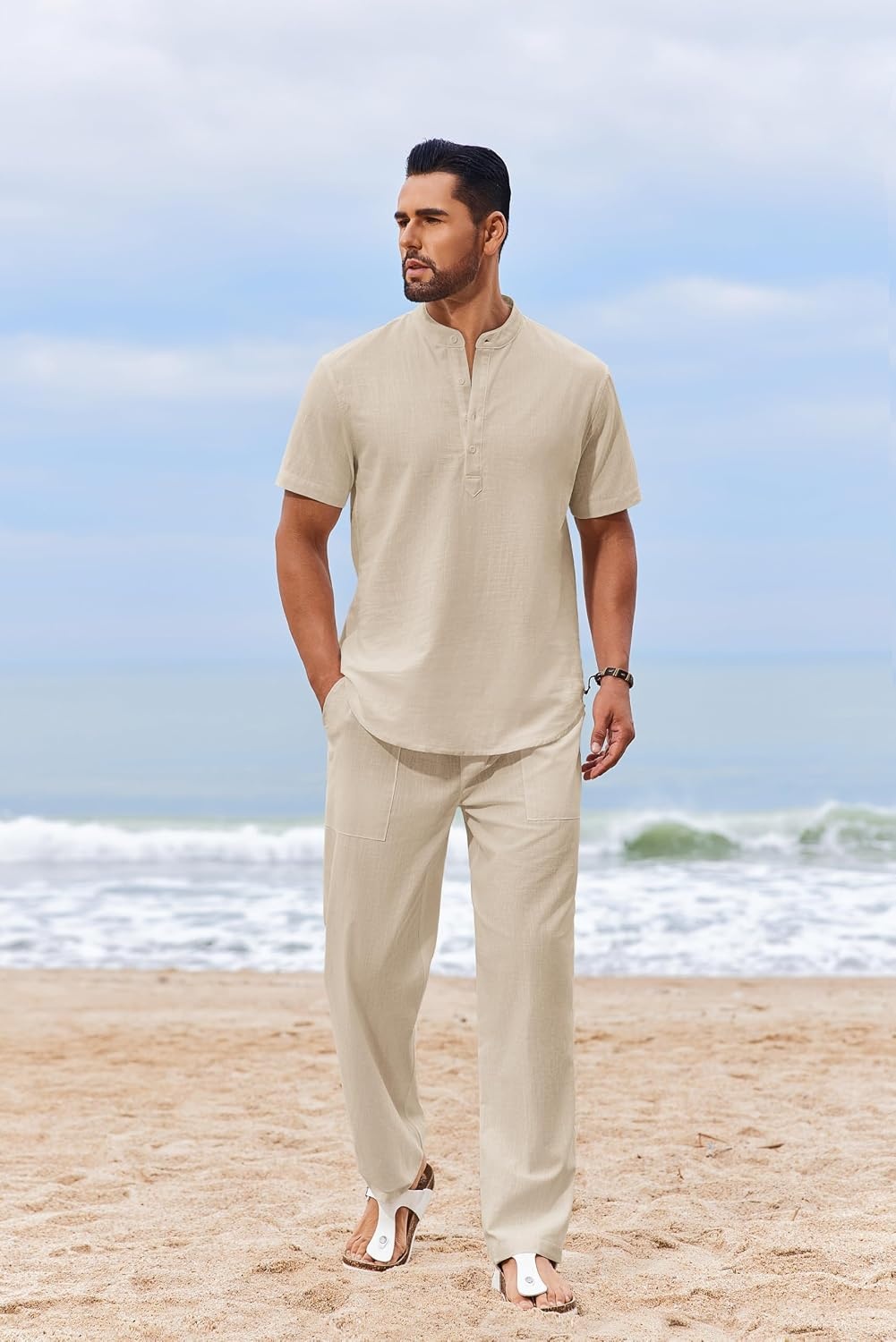 image:imageCOOFANDY Mens 2 Piece Cotton Linen Sets Beach Outfits Pants and Shirt Set Linen Outfits Set with Pockets Casual Short Sleeve Henley Shirts Beach Pants with Pockets Summer Vacation Yoga OutfitsZlight Khaki