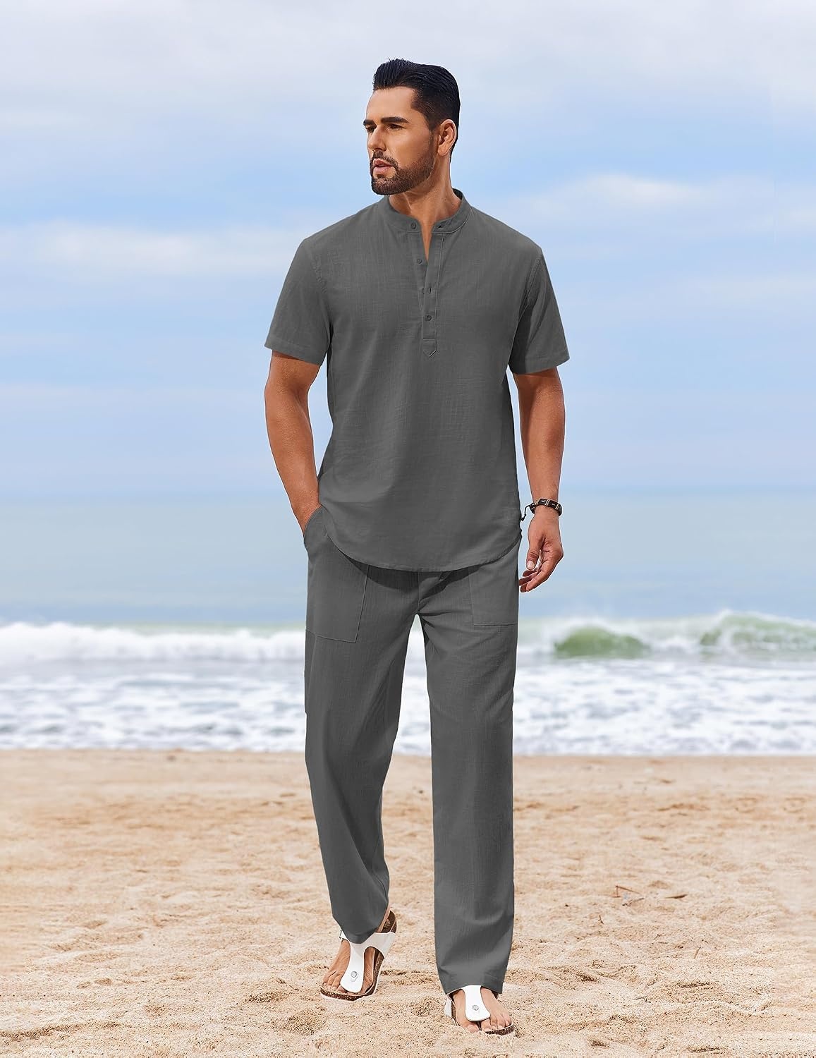 image:imageCOOFANDY Mens 2 Piece Cotton Linen Sets Beach Outfits Pants and Shirt Set Linen Outfits Set with Pockets Casual Short Sleeve Henley Shirts Beach Pants with Pockets Summer Vacation Yoga OutfitsZdark Grey