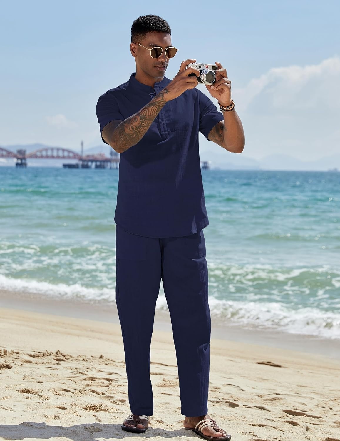 image:imageCOOFANDY Mens 2 Piece Cotton Linen Sets Beach Outfits Pants and Shirt Set Linen Outfits Set with Pockets Casual Short Sleeve Henley Shirts Beach Pants with Pockets Summer Vacation Yoga OutfitsZnavy Blue