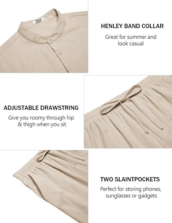 image:imageCOOFANDY Mens 2 Piece Cotton Linen Sets Beach Outfits Pants and Shirt Set Linen Outfits Set with Pockets Casual Short Sleeve Henley Shirts Beach Pants with Pockets Summer Vacation Yoga OutfitsZlight Khaki