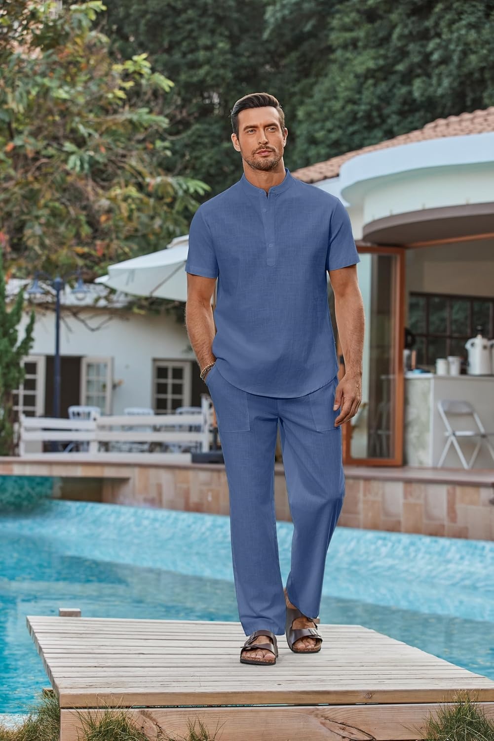 image:imageCOOFANDY Mens 2 Piece Cotton Linen Sets Beach Outfits Pants and Shirt Set Linen Outfits Set with Pockets Casual Short Sleeve Henley Shirts Beach Pants with Pockets Summer Vacation Yoga OutfitsZdenim Blue