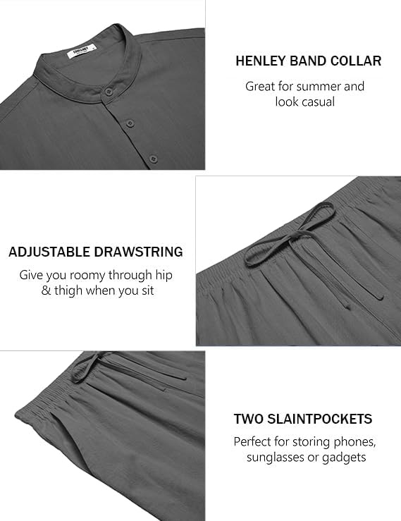 image:imageCOOFANDY Mens 2 Piece Cotton Linen Sets Beach Outfits Pants and Shirt Set Linen Outfits Set with Pockets Casual Short Sleeve Henley Shirts Beach Pants with Pockets Summer Vacation Yoga OutfitsZdark Grey