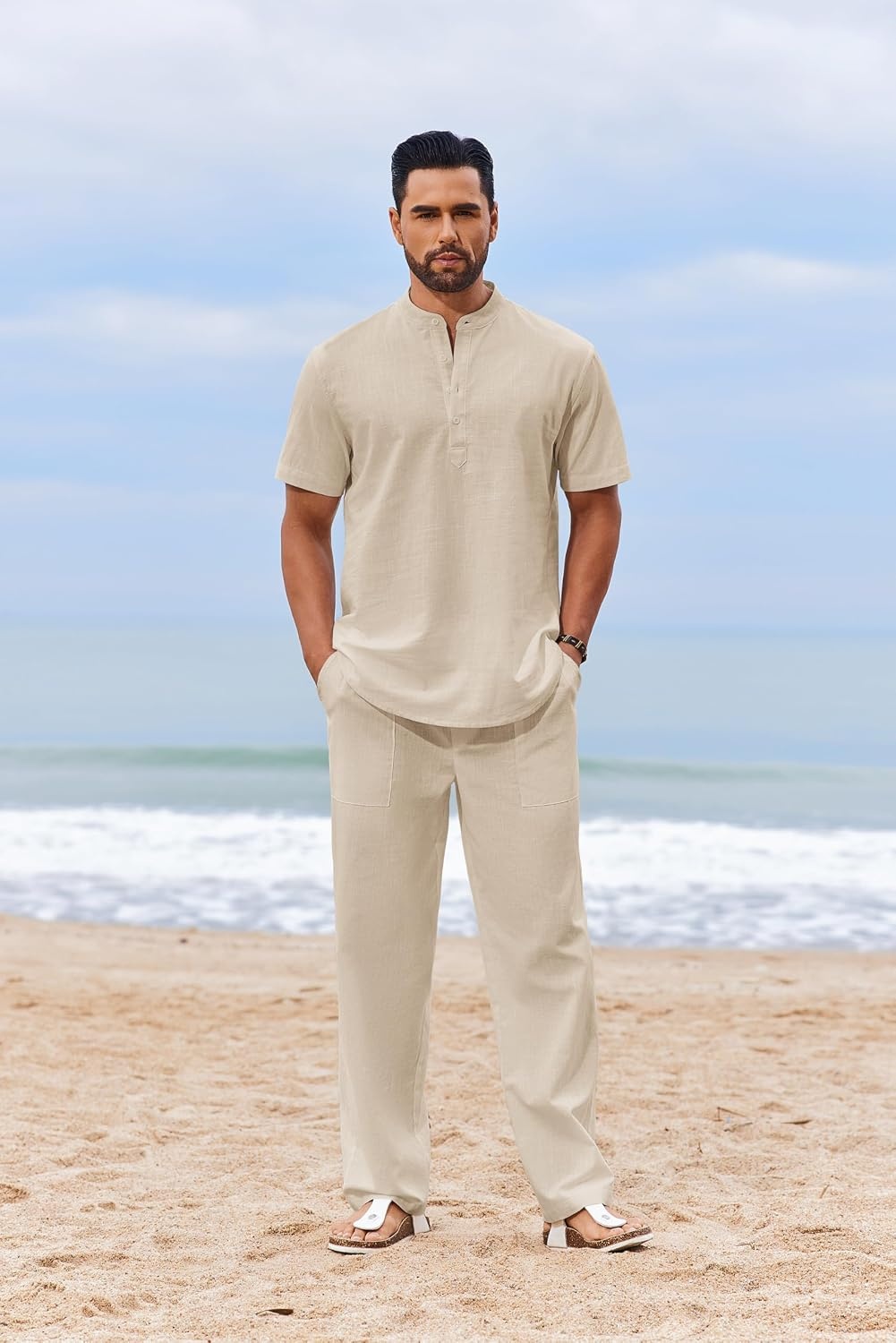 image:imageCOOFANDY Mens 2 Piece Cotton Linen Sets Beach Outfits Pants and Shirt Set Linen Outfits Set with Pockets Casual Short Sleeve Henley Shirts Beach Pants with Pockets Summer Vacation Yoga OutfitsZlight Khaki