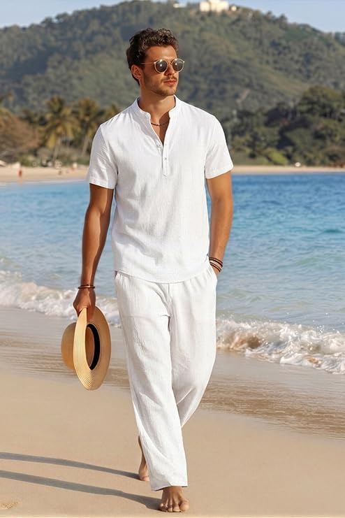 image:imageCOOFANDY Mens 2 Piece Cotton Linen Sets Beach Outfits Pants and Shirt Set Linen Outfits Set with Pockets Casual Short Sleeve Henley Shirts Beach Pants with Pockets Summer Vacation Yoga OutfitsAwhite