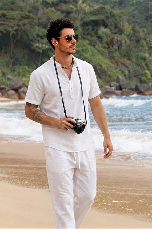 image:imageCOOFANDY Mens 2 Piece Cotton Linen Sets Beach Outfits Pants and Shirt Set Linen Outfits Set with Pockets Casual Short Sleeve Henley Shirts Beach Pants with Pockets Summer Vacation Yoga OutfitsAwhite