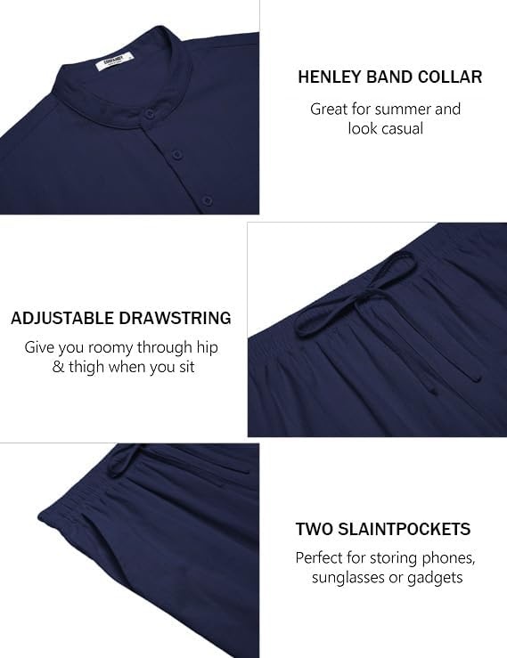 image:imageCOOFANDY Mens 2 Piece Cotton Linen Sets Beach Outfits Pants and Shirt Set Linen Outfits Set with Pockets Casual Short Sleeve Henley Shirts Beach Pants with Pockets Summer Vacation Yoga OutfitsZnavy Blue