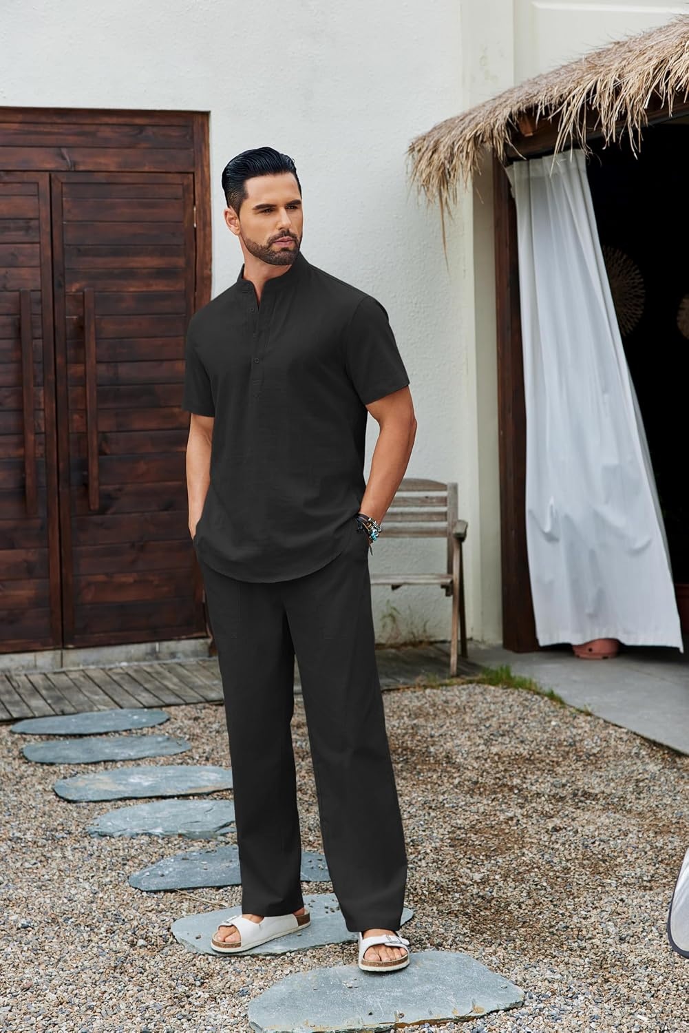 image:imageCOOFANDY Mens 2 Piece Cotton Linen Sets Beach Outfits Pants and Shirt Set Linen Outfits Set with Pockets Casual Short Sleeve Henley Shirts Beach Pants with Pockets Summer Vacation Yoga OutfitsAblack