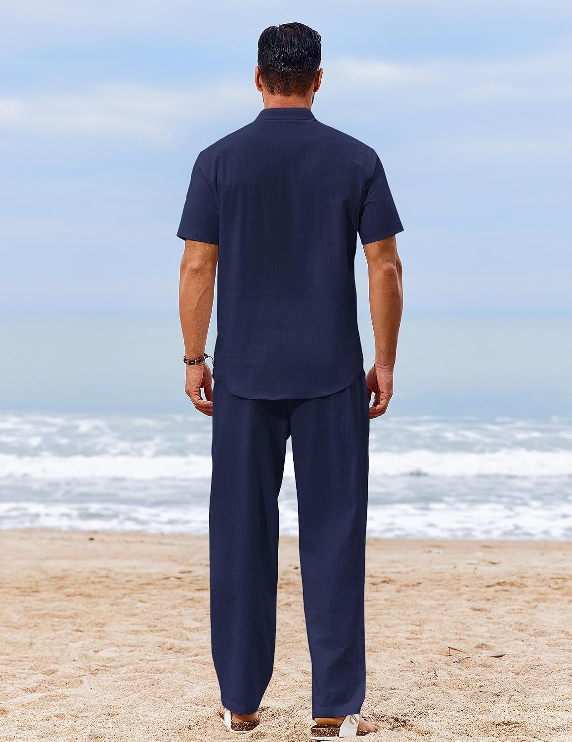 image:imageCOOFANDY Mens 2 Piece Cotton Linen Sets Beach Outfits Pants and Shirt Set Linen Outfits Set with Pockets Casual Short Sleeve Henley Shirts Beach Pants with Pockets Summer Vacation Yoga OutfitsZnavy Blue