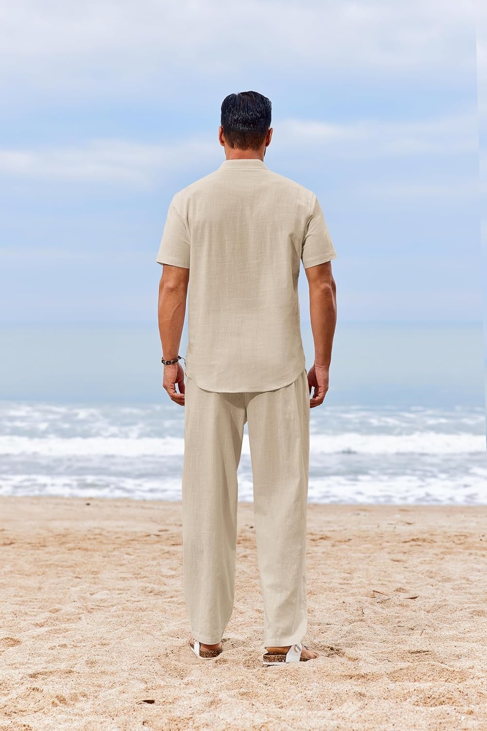 image:imageCOOFANDY Mens 2 Piece Cotton Linen Sets Beach Outfits Pants and Shirt Set Linen Outfits Set with Pockets Casual Short Sleeve Henley Shirts Beach Pants with Pockets Summer Vacation Yoga OutfitsZlight Khaki