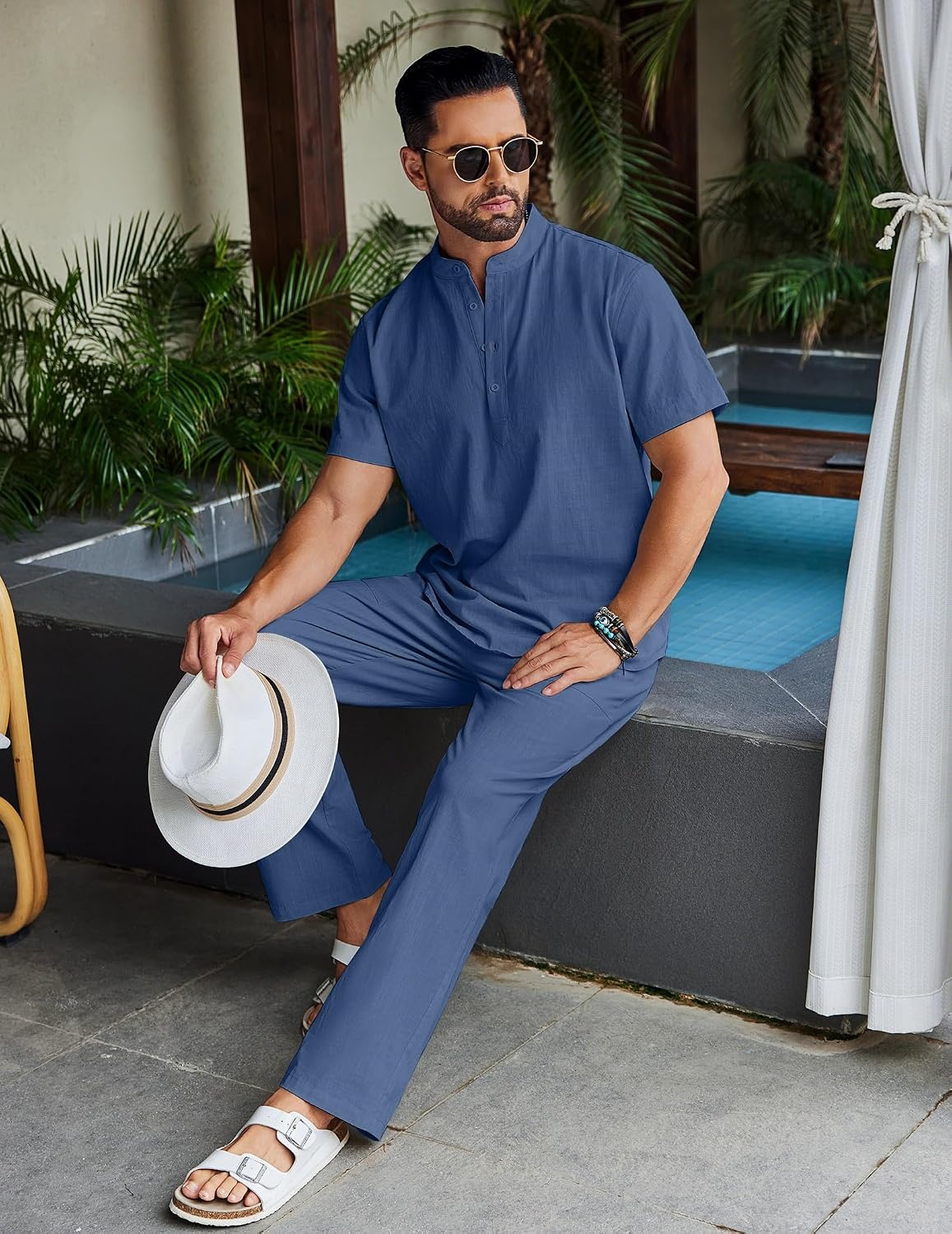 image:imageCOOFANDY Mens 2 Piece Cotton Linen Sets Beach Outfits Pants and Shirt Set Linen Outfits Set with Pockets Casual Short Sleeve Henley Shirts Beach Pants with Pockets Summer Vacation Yoga OutfitsZdenim Blue