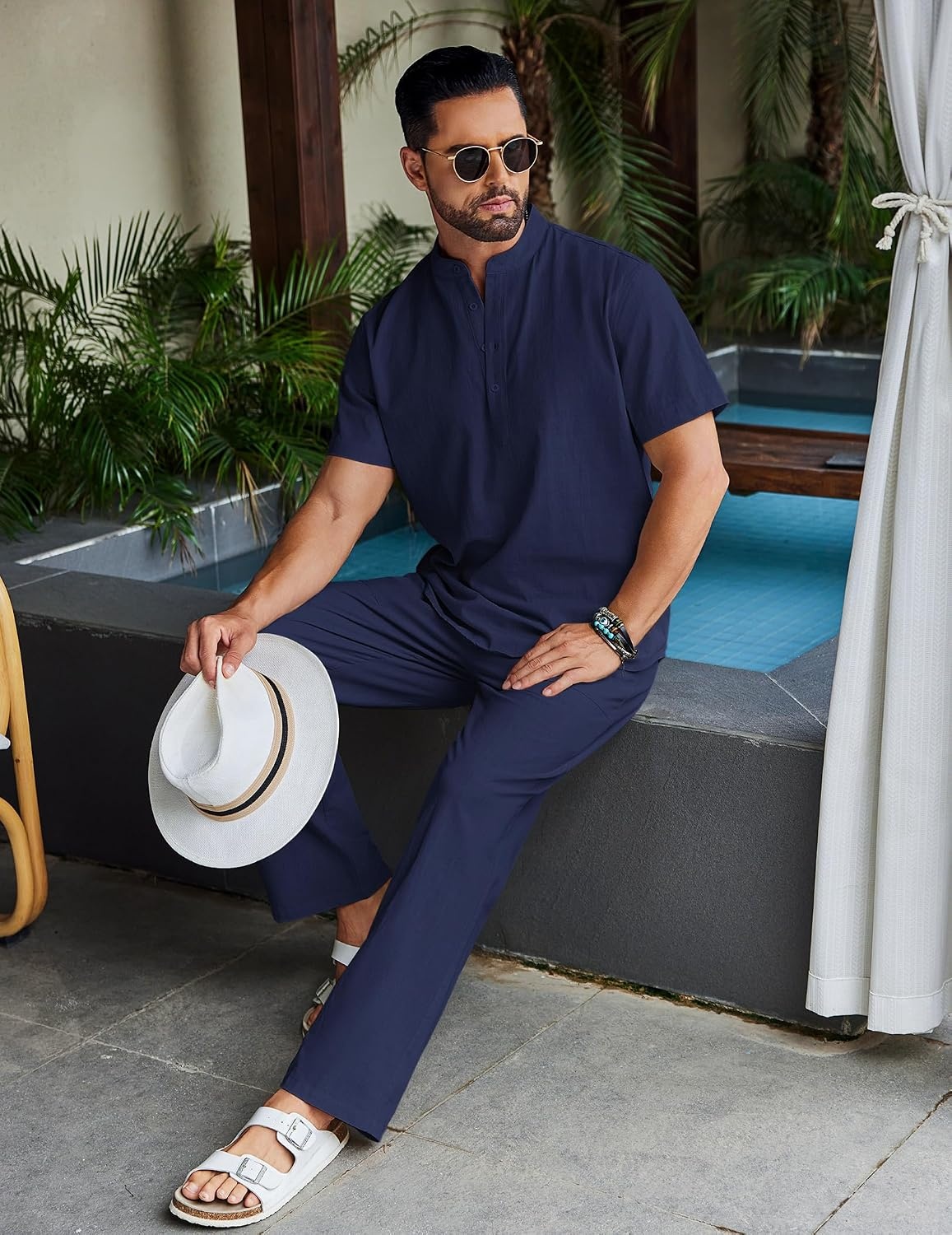 image:imageCOOFANDY Mens 2 Piece Cotton Linen Sets Beach Outfits Pants and Shirt Set Linen Outfits Set with Pockets Casual Short Sleeve Henley Shirts Beach Pants with Pockets Summer Vacation Yoga OutfitsZnavy Blue