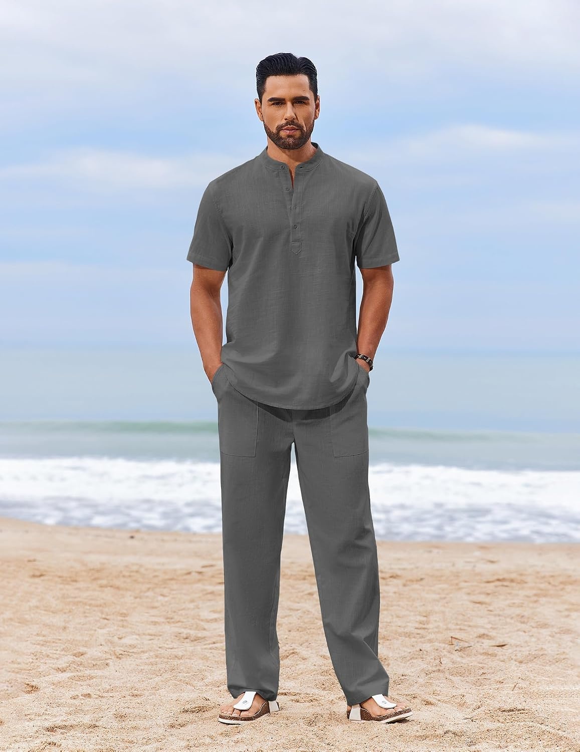 image:imageCOOFANDY Mens 2 Piece Cotton Linen Sets Beach Outfits Pants and Shirt Set Linen Outfits Set with Pockets Casual Short Sleeve Henley Shirts Beach Pants with Pockets Summer Vacation Yoga OutfitsZdark Grey