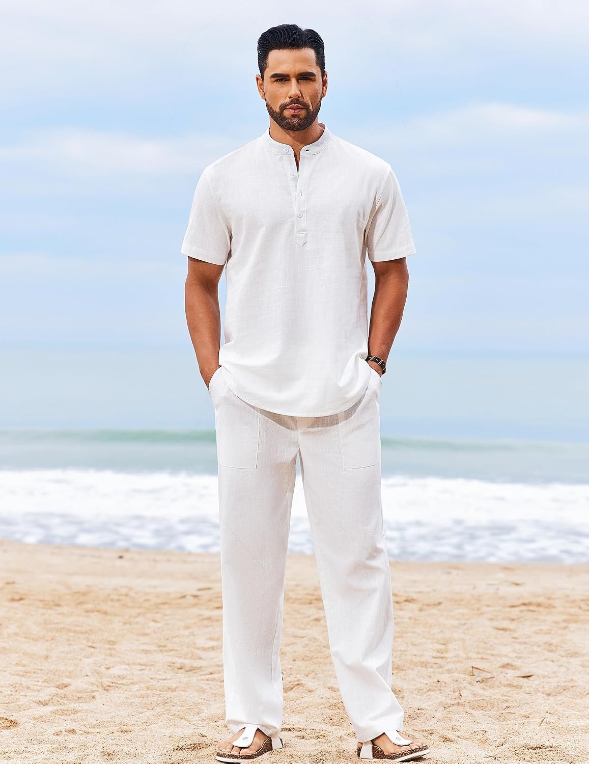 image:imageCOOFANDY Mens 2 Piece Cotton Linen Sets Beach Outfits Pants and Shirt Set Linen Outfits Set with Pockets Casual Short Sleeve Henley Shirts Beach Pants with Pockets Summer Vacation Yoga OutfitsAwhite