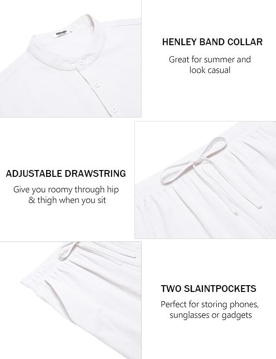 image:imageCOOFANDY Mens 2 Piece Cotton Linen Sets Beach Outfits Pants and Shirt Set Linen Outfits Set with Pockets Casual Short Sleeve Henley Shirts Beach Pants with Pockets Summer Vacation Yoga OutfitsAwhite