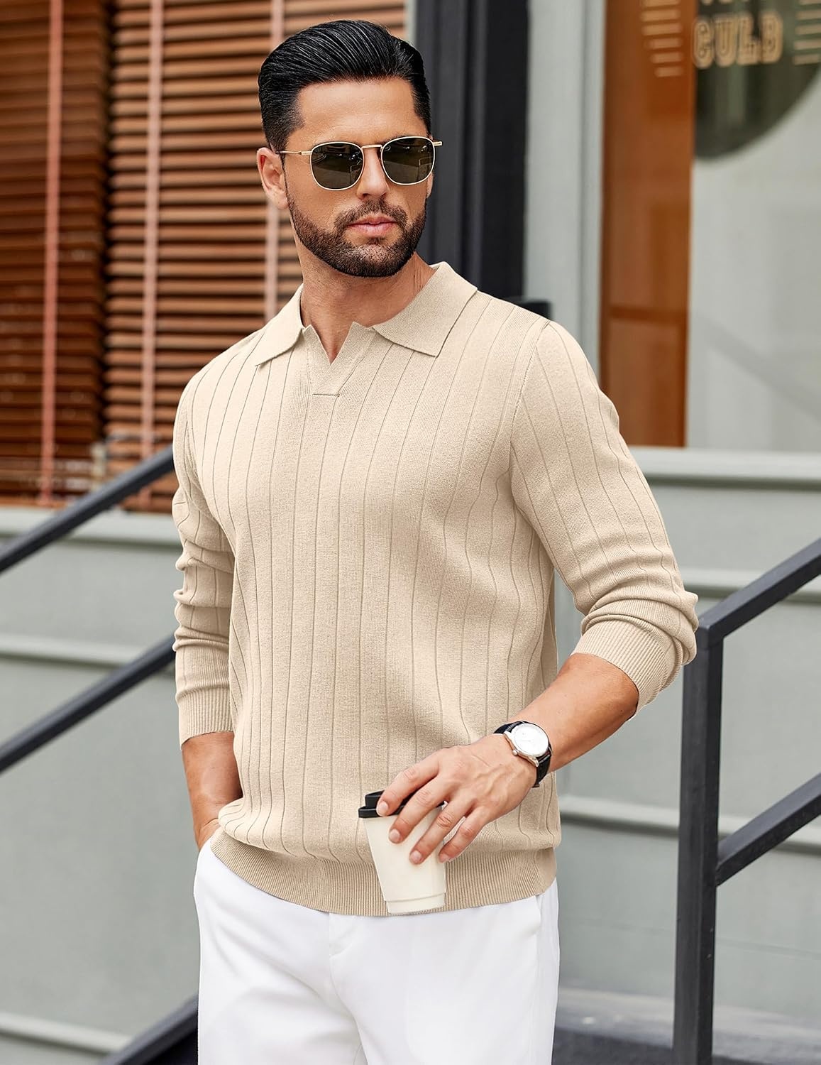 image:imageCOOFANDY Mens Sweaters Long Sleeve Polos V Neck Casual Pullover Sweater Knitted Sweater Soft And Stretch Regular Fit Business Work Fall Fashion 2026Cream