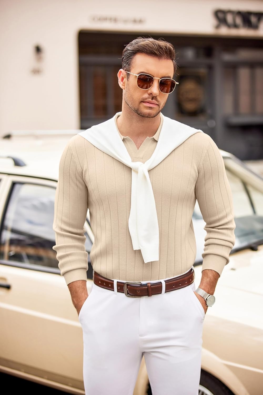 image:imageCOOFANDY Mens Sweaters Long Sleeve Polos V Neck Casual Pullover Sweater Knitted Sweater Soft And Stretch Regular Fit Business Work Fall Fashion 2026Cream
