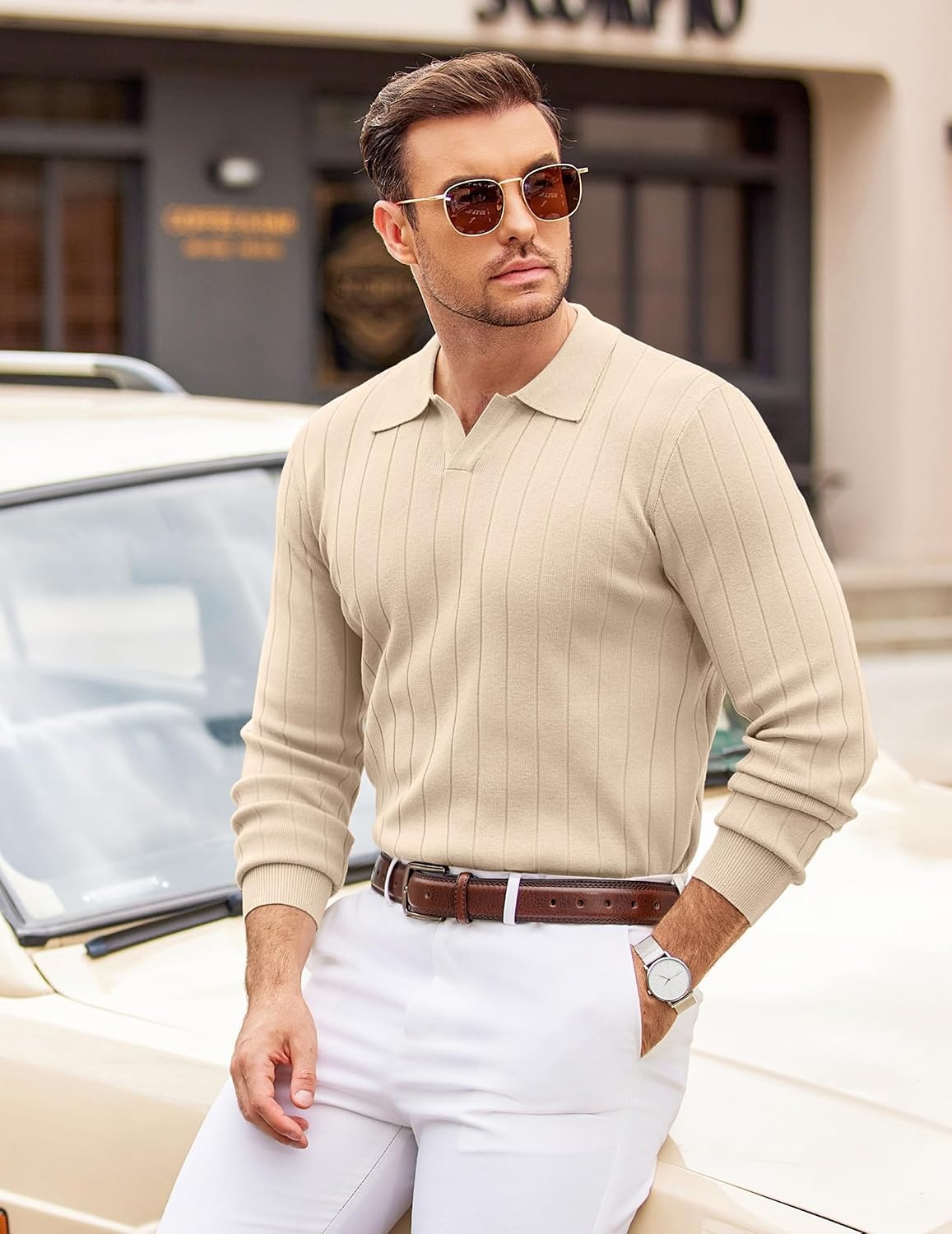 image:imageCOOFANDY Mens Sweaters Long Sleeve Polos V Neck Casual Pullover Sweater Knitted Sweater Soft And Stretch Regular Fit Business Work Fall Fashion 2026Cream