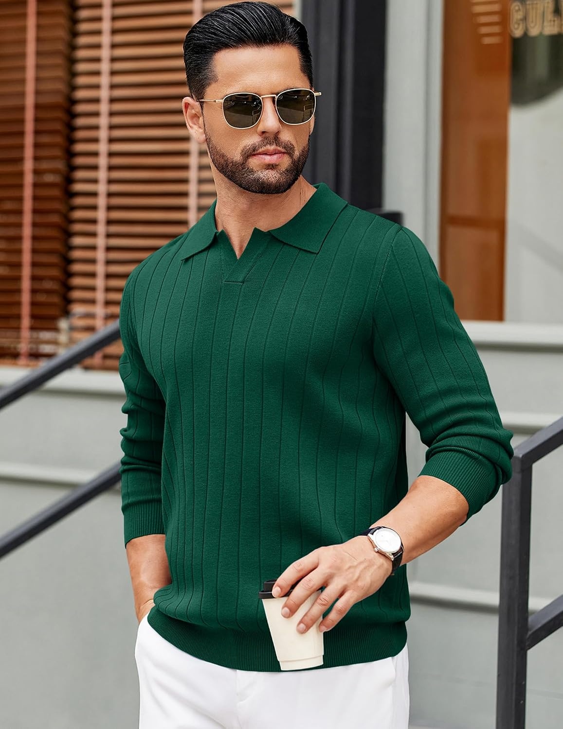 image:imageCOOFANDY Mens Sweaters Long Sleeve Polos V Neck Casual Pullover Sweater Knitted Sweater Soft And Stretch Regular Fit Business Work Fall Fashion 2026Dark Green