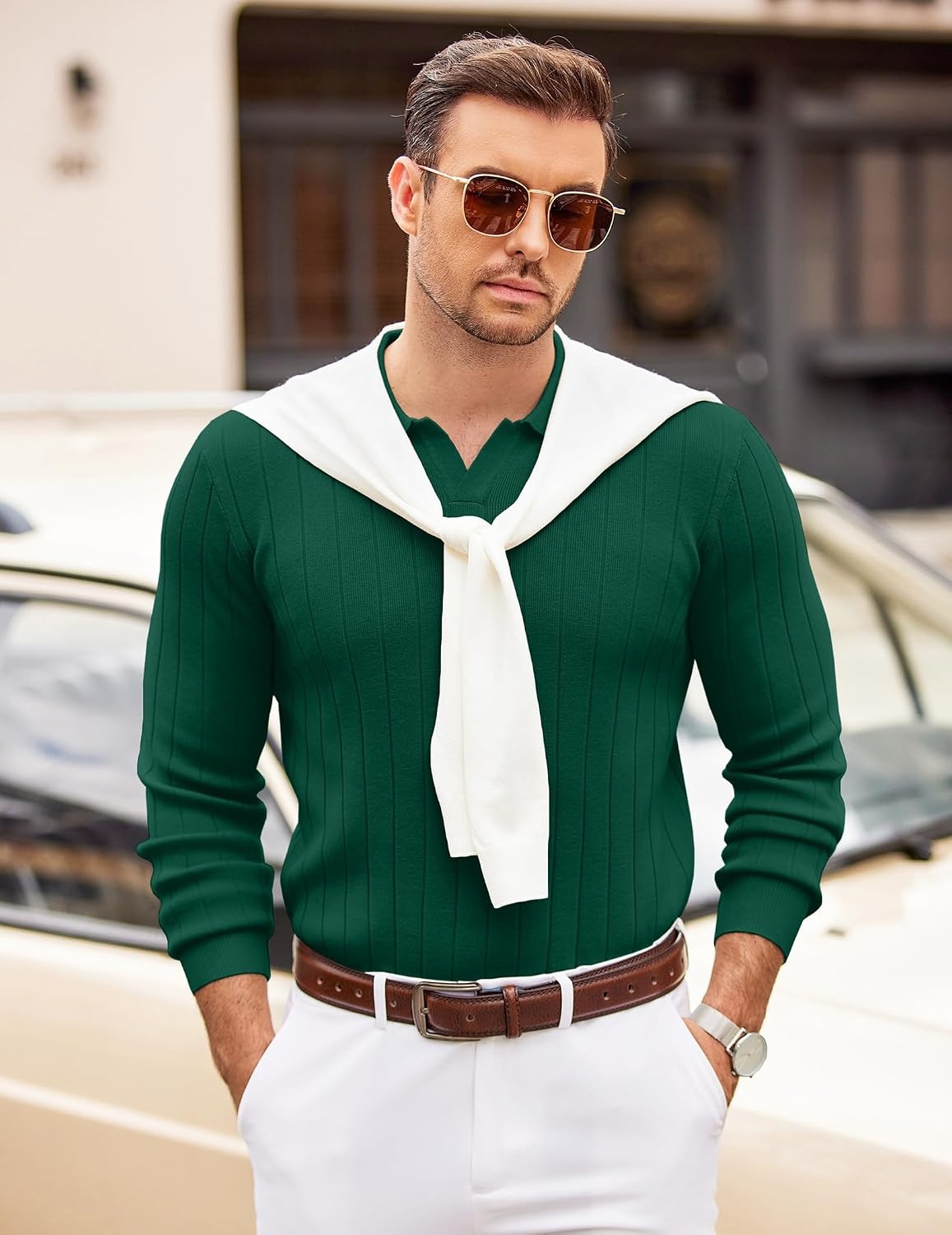 image:imageCOOFANDY Mens Sweaters Long Sleeve Polos V Neck Casual Pullover Sweater Knitted Sweater Soft And Stretch Regular Fit Business Work Fall Fashion 2026Dark Green