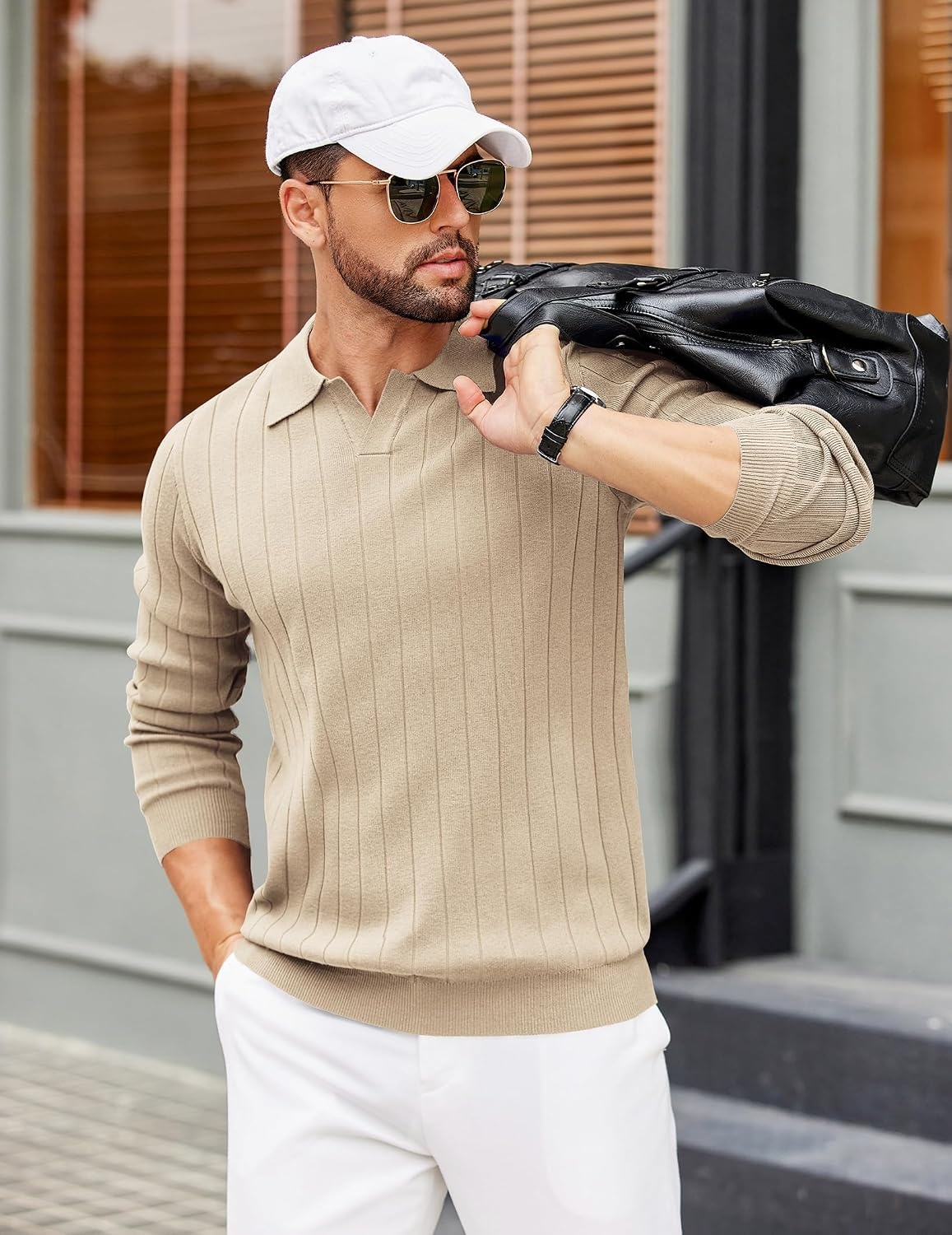 image:imageCOOFANDY Mens Sweaters Long Sleeve Polos V Neck Casual Pullover Sweater Knitted Sweater Soft And Stretch Regular Fit Business Work Fall Fashion 2026Khaki