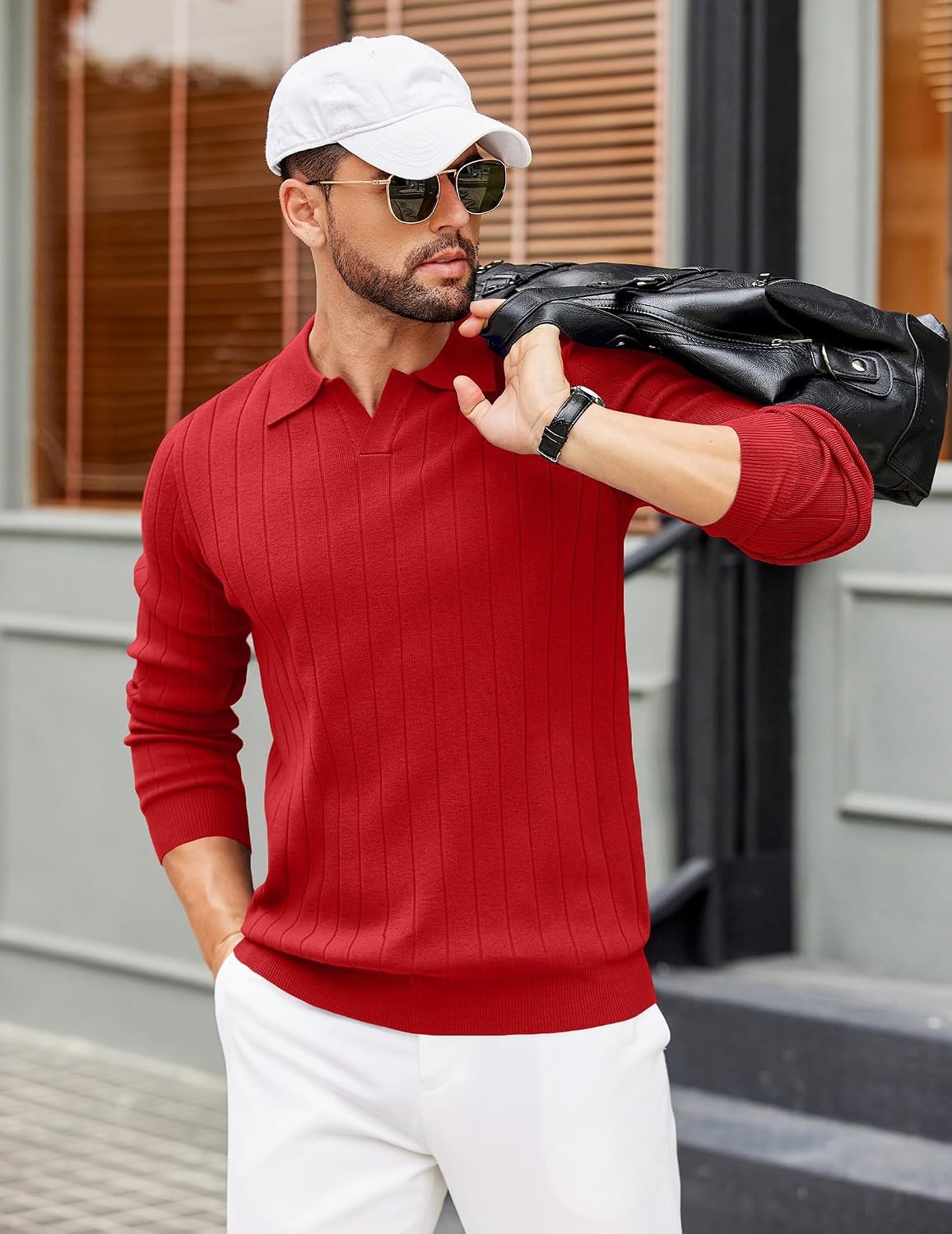 image:imageCOOFANDY Mens Sweaters Long Sleeve Polos V Neck Casual Pullover Sweater Knitted Sweater Soft And Stretch Regular Fit Business Work Fall Fashion 2026Red