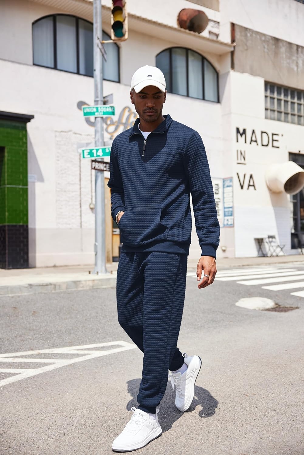 image:imageCOOFANDY Mens Tracksuit 2 Piece Quarter Zip Sweatsuit Workout Jogging Set Soft plaid jacquard fabric 14 zip jacket amp jogger set kangaroo pocket drawstring waist ideal for sports amp giftsNavy Blue