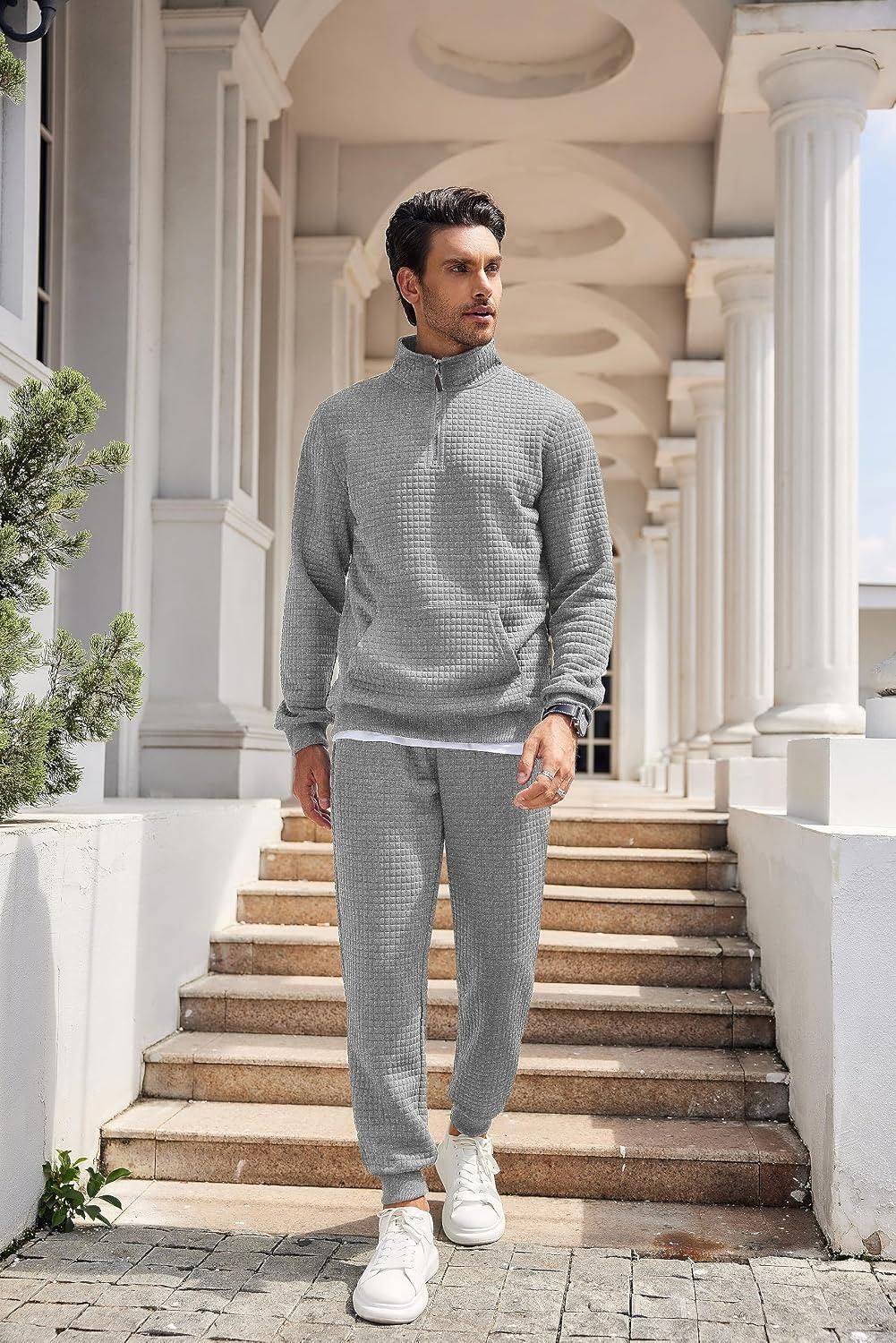 image:imageCOOFANDY Mens Tracksuit 2 Piece Quarter Zip Sweatsuit Workout Jogging Set Soft plaid jacquard fabric 14 zip jacket amp jogger set kangaroo pocket drawstring waist ideal for sports amp giftsLight Grey