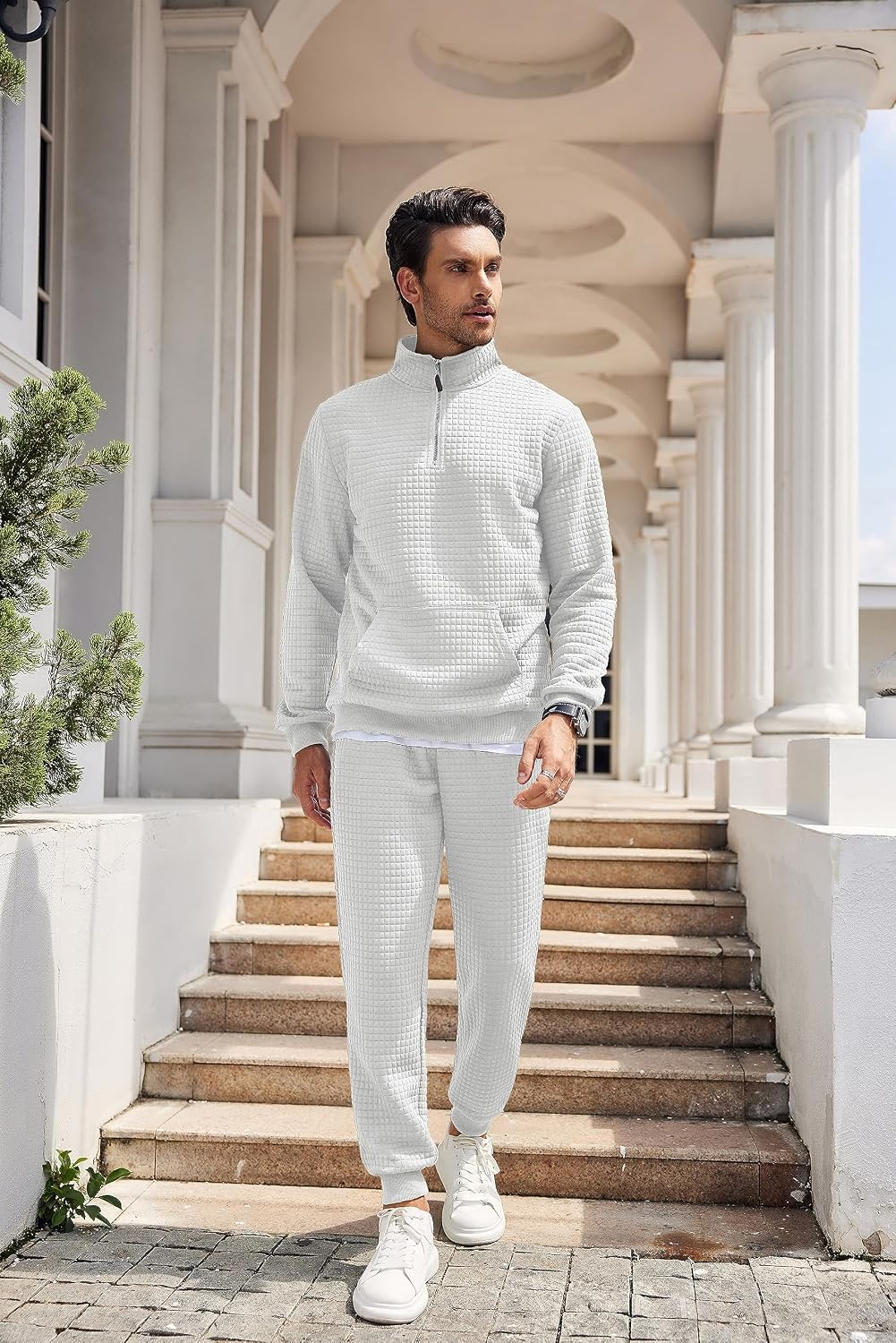 image:imageCOOFANDY Mens Tracksuit 2 Piece Quarter Zip Sweatsuit Workout Jogging Set Soft plaid jacquard fabric 14 zip jacket amp jogger set kangaroo pocket drawstring waist ideal for sports amp giftsWhite