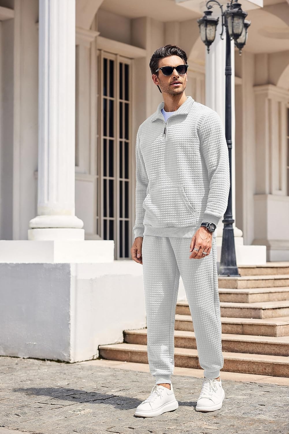 image:imageCOOFANDY Mens Tracksuit 2 Piece Quarter Zip Sweatsuit Workout Jogging Set Soft plaid jacquard fabric 14 zip jacket amp jogger set kangaroo pocket drawstring waist ideal for sports amp giftsWhite