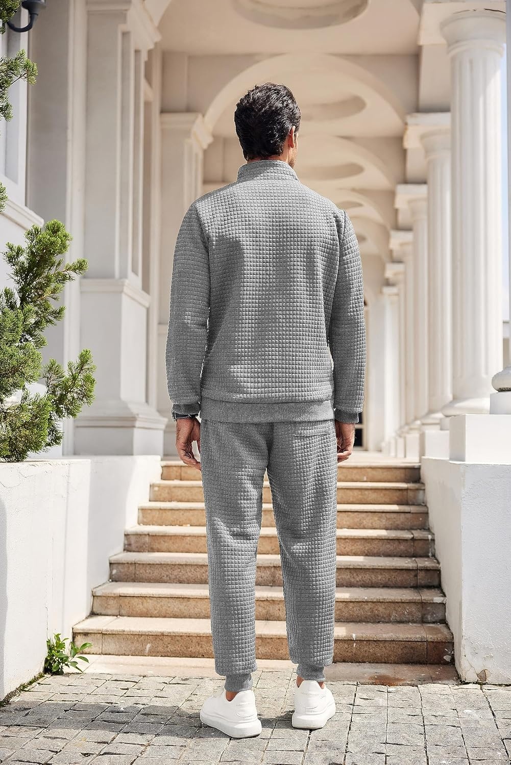 image:imageCOOFANDY Mens Tracksuit 2 Piece Quarter Zip Sweatsuit Workout Jogging Set Soft plaid jacquard fabric 14 zip jacket amp jogger set kangaroo pocket drawstring waist ideal for sports amp giftsLight Grey