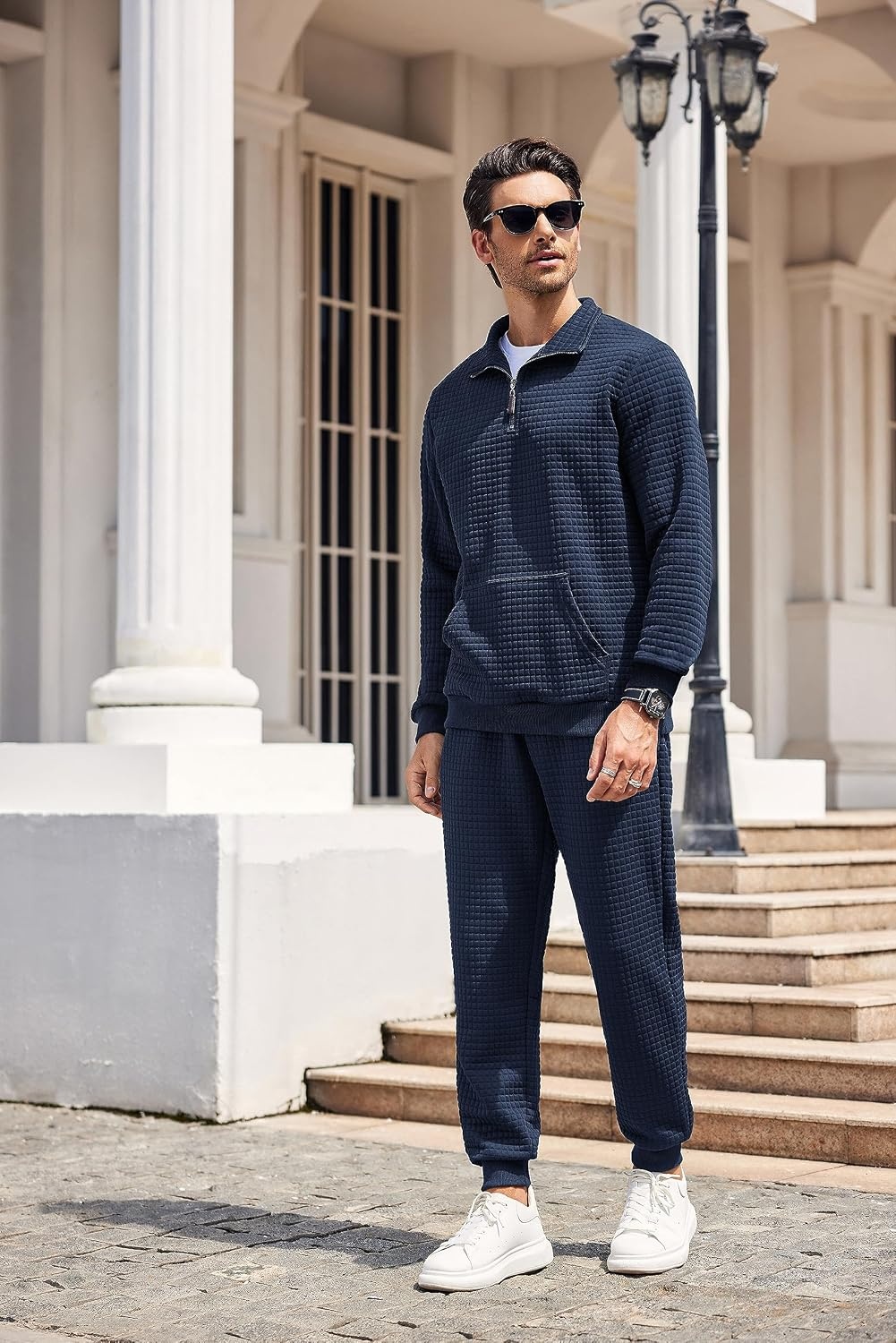 image:imageCOOFANDY Mens Tracksuit 2 Piece Quarter Zip Sweatsuit Workout Jogging Set Soft plaid jacquard fabric 14 zip jacket amp jogger set kangaroo pocket drawstring waist ideal for sports amp giftsNavy Blue