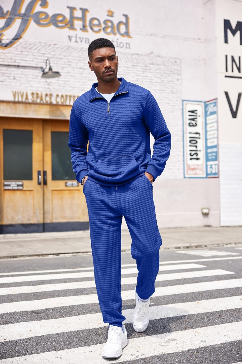 image:imageCOOFANDY Mens Tracksuit 2 Piece Quarter Zip Sweatsuit Workout Jogging Set Soft plaid jacquard fabric 14 zip jacket amp jogger set kangaroo pocket drawstring waist ideal for sports amp giftsBlue