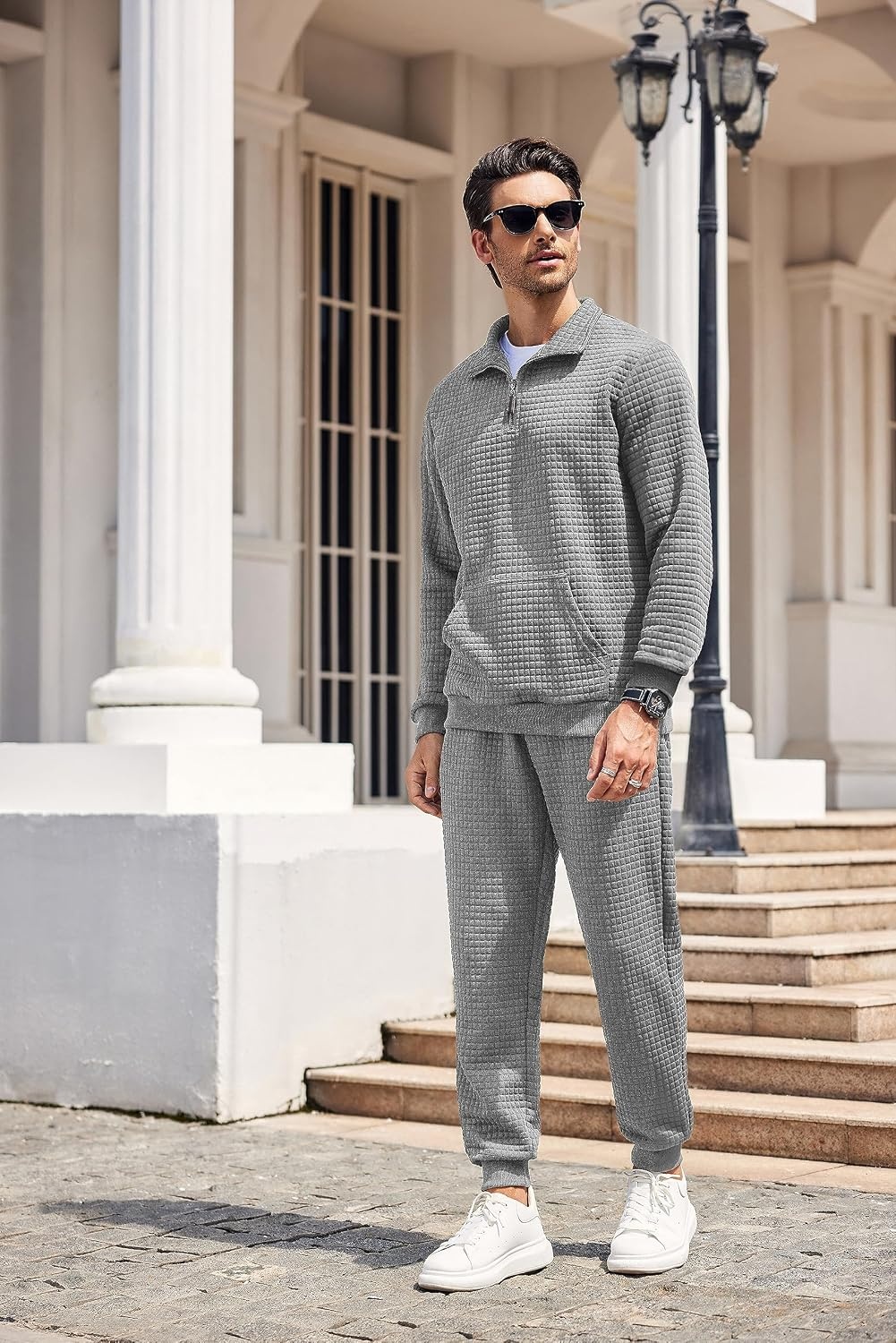 image:imageCOOFANDY Mens Tracksuit 2 Piece Quarter Zip Sweatsuit Workout Jogging Set Soft plaid jacquard fabric 14 zip jacket amp jogger set kangaroo pocket drawstring waist ideal for sports amp giftsLight Grey