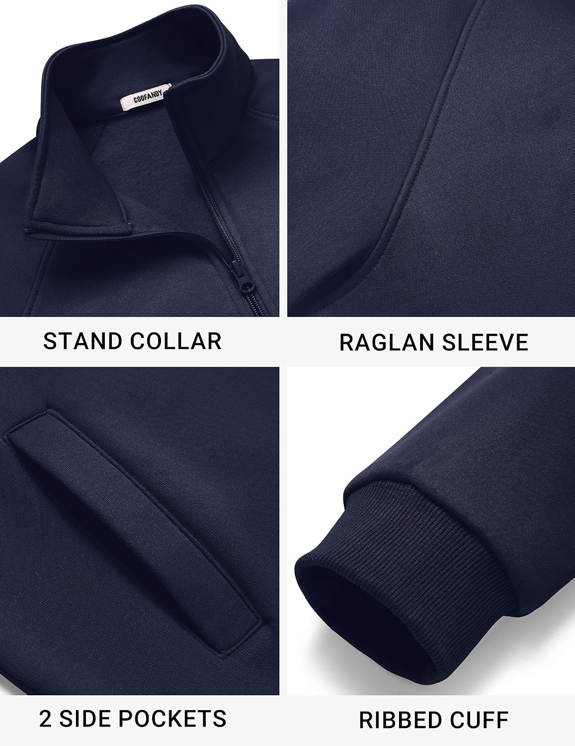 image:imageCOOFANDY Mens Zip Up Fleece Lined Sweatshirts Lightweight Sweater Jackets Long Sleeve Stand Collar Jacket Raglan Sleeve Casual Stylish Soft Comfort 2026 Fall Fashion Sweatshirt Winter Warm CoatDark Navy