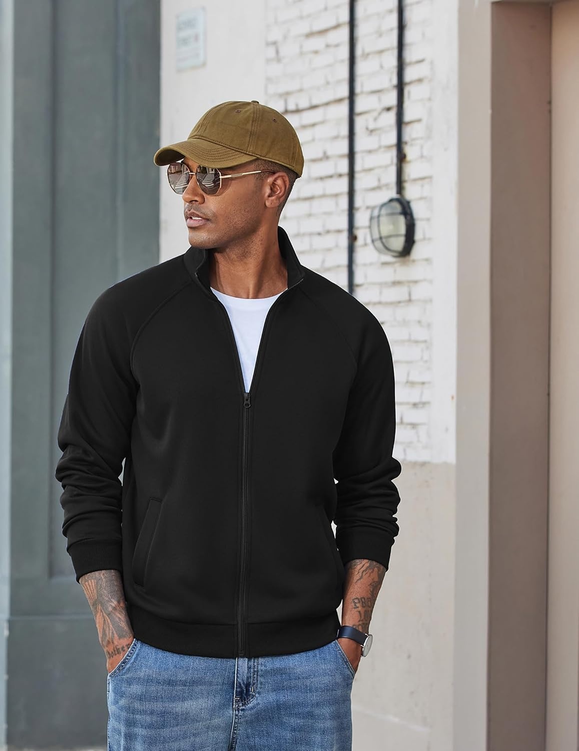 image:imageCOOFANDY Mens Zip Up Fleece Lined Sweatshirts Lightweight Sweater Jackets Long Sleeve Stand Collar Jacket Raglan Sleeve Casual Stylish Soft Comfort 2026 Fall Fashion Sweatshirt Winter Warm CoatBlack