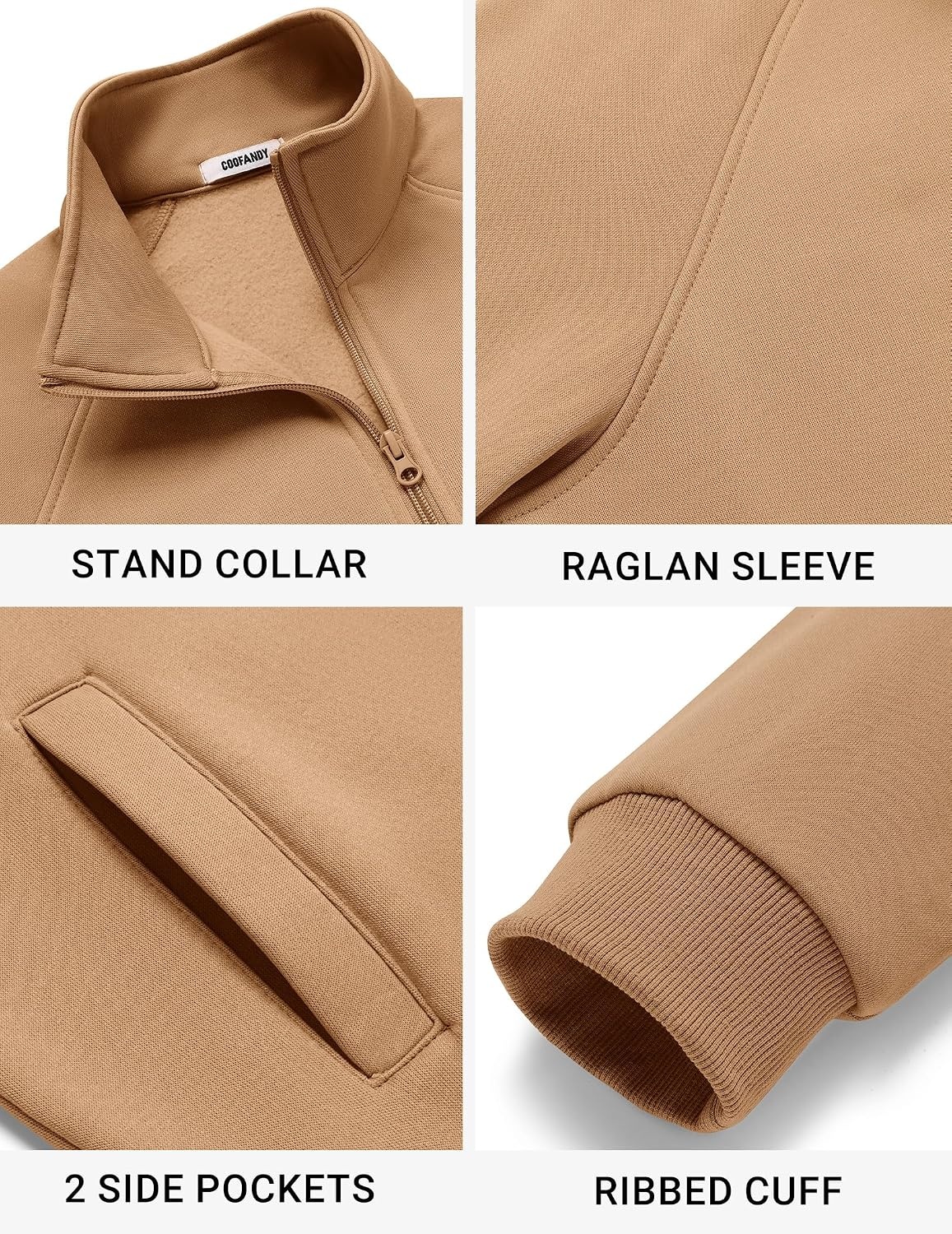 image:imageCOOFANDY Mens Zip Up Fleece Lined Sweatshirts Lightweight Sweater Jackets Long Sleeve Stand Collar Jacket Raglan Sleeve Casual Stylish Soft Comfort 2026 Fall Fashion Sweatshirt Winter Warm CoatCamel