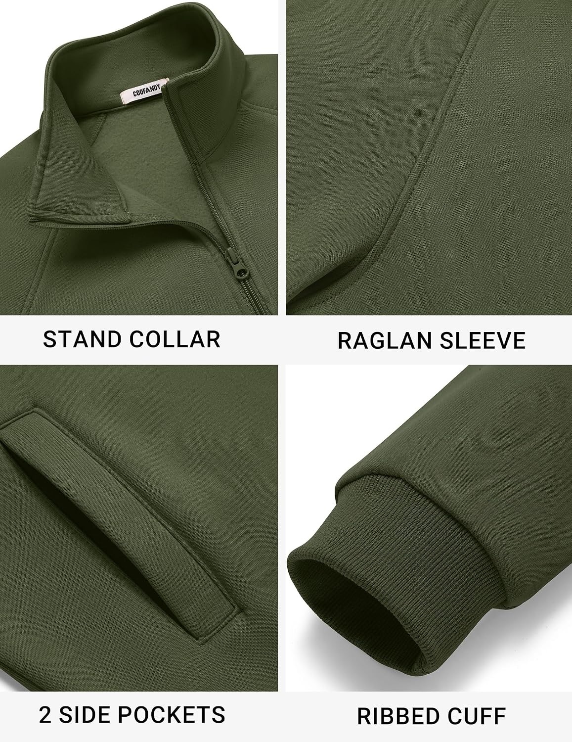 image:imageCOOFANDY Mens Zip Up Fleece Lined Sweatshirts Lightweight Sweater Jackets Long Sleeve Stand Collar Jacket Raglan Sleeve Casual Stylish Soft Comfort 2026 Fall Fashion Sweatshirt Winter Warm CoatArmy Green