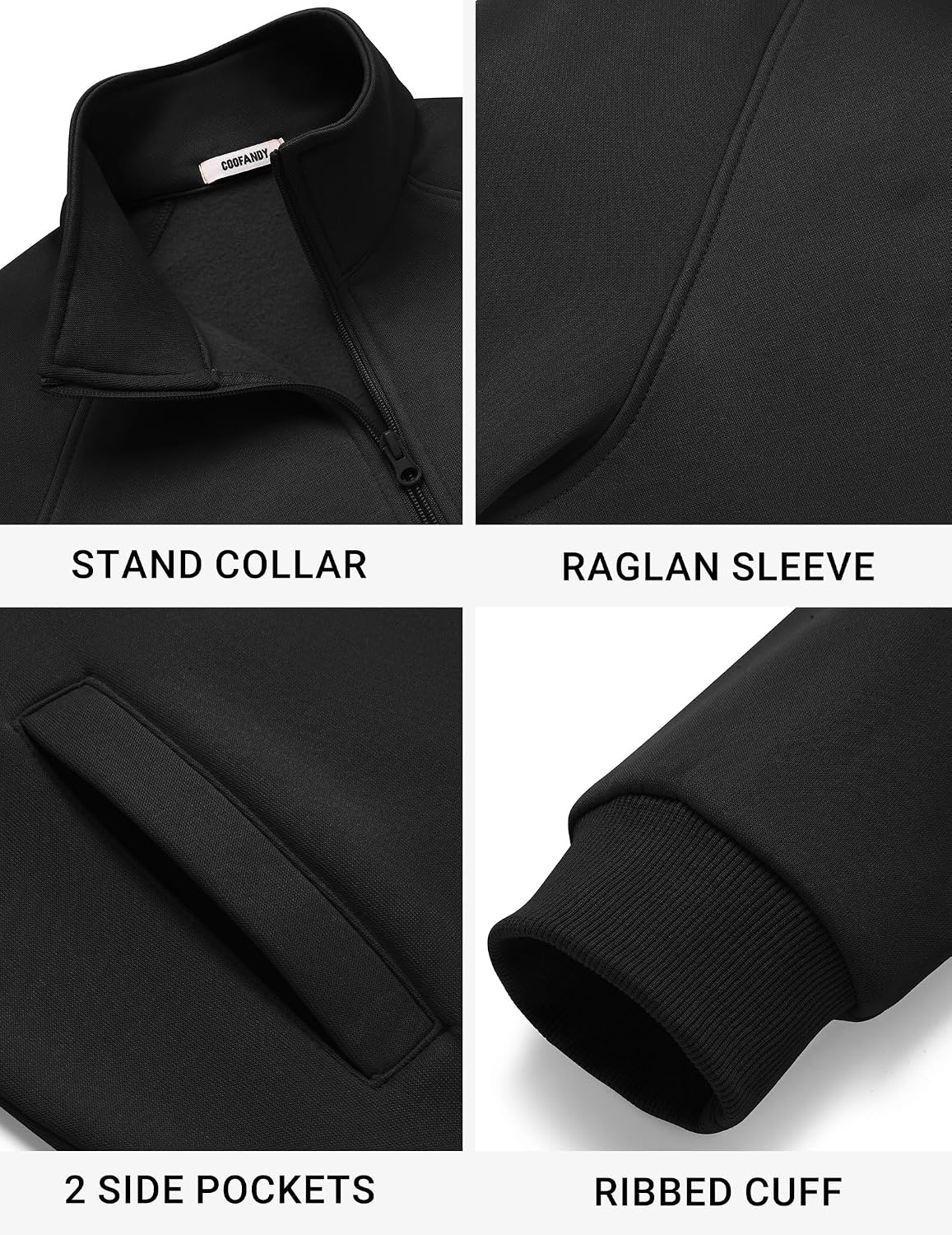 image:imageCOOFANDY Mens Zip Up Fleece Lined Sweatshirts Lightweight Sweater Jackets Long Sleeve Stand Collar Jacket Raglan Sleeve Casual Stylish Soft Comfort 2026 Fall Fashion Sweatshirt Winter Warm CoatBlack