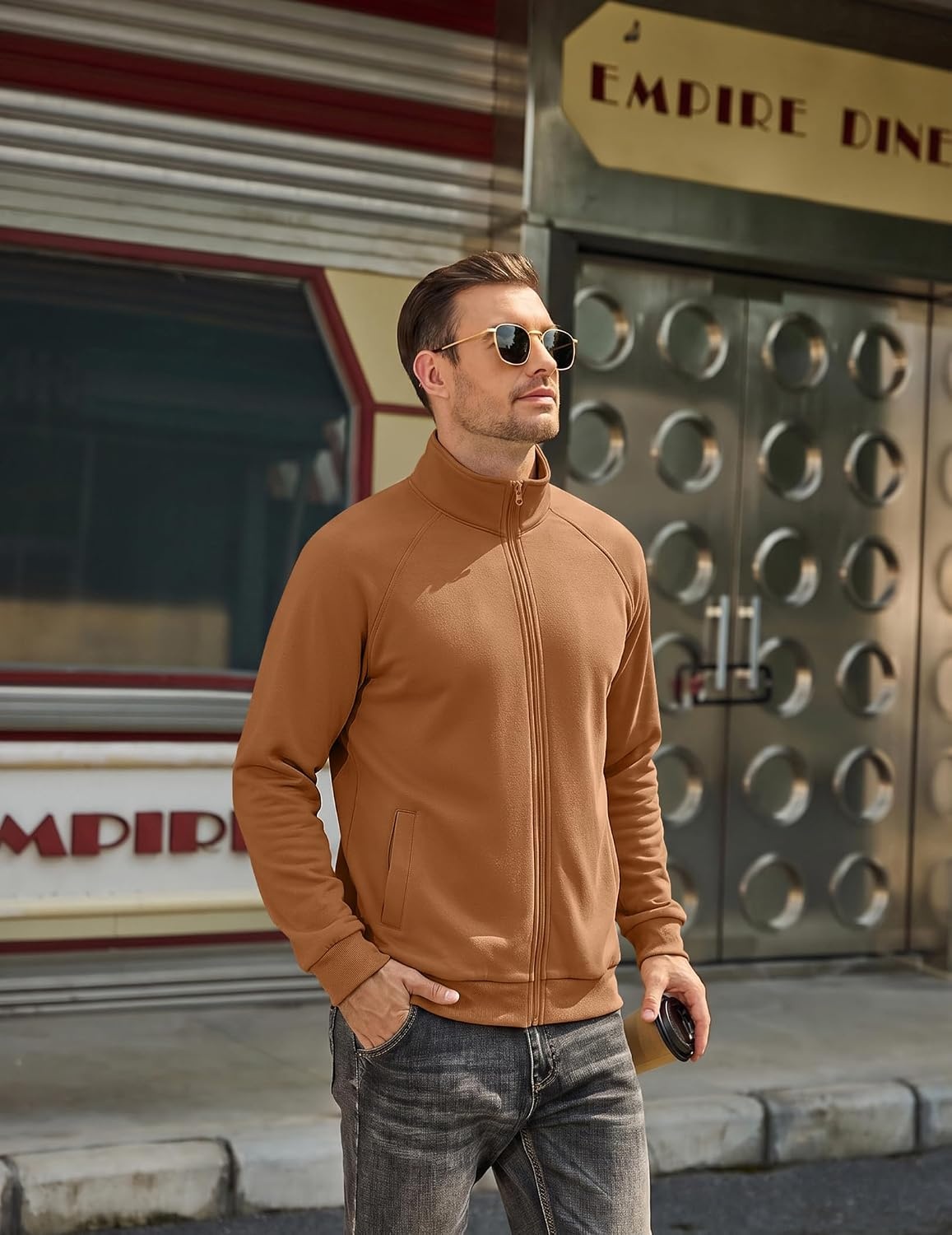 image:imageCOOFANDY Mens Zip Up Fleece Lined Sweatshirts Lightweight Sweater Jackets Long Sleeve Stand Collar Jacket Raglan Sleeve Casual Stylish Soft Comfort 2026 Fall Fashion Sweatshirt Winter Warm CoatLight Brown