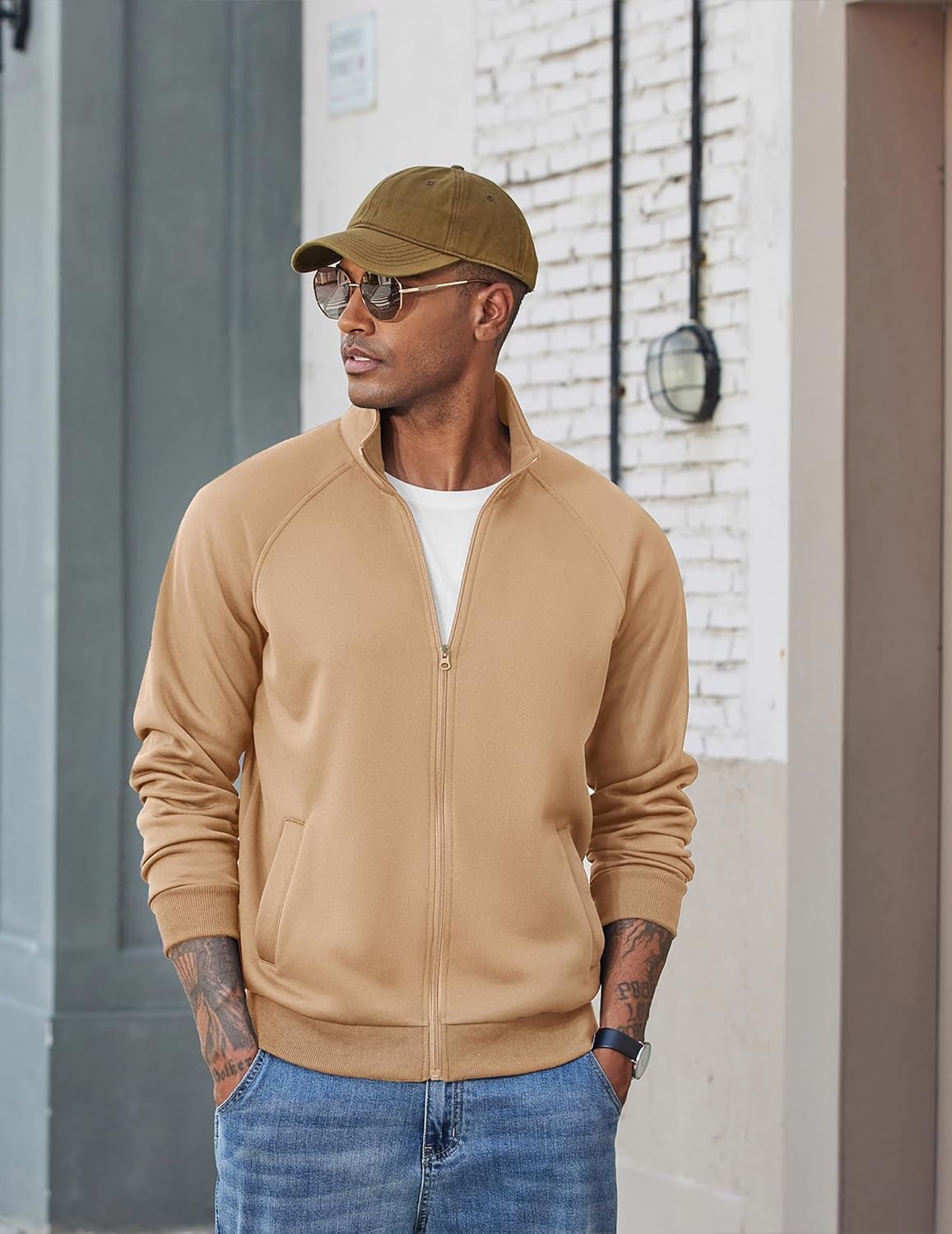 image:imageCOOFANDY Mens Zip Up Fleece Lined Sweatshirts Lightweight Sweater Jackets Long Sleeve Stand Collar Jacket Raglan Sleeve Casual Stylish Soft Comfort 2026 Fall Fashion Sweatshirt Winter Warm CoatCamel