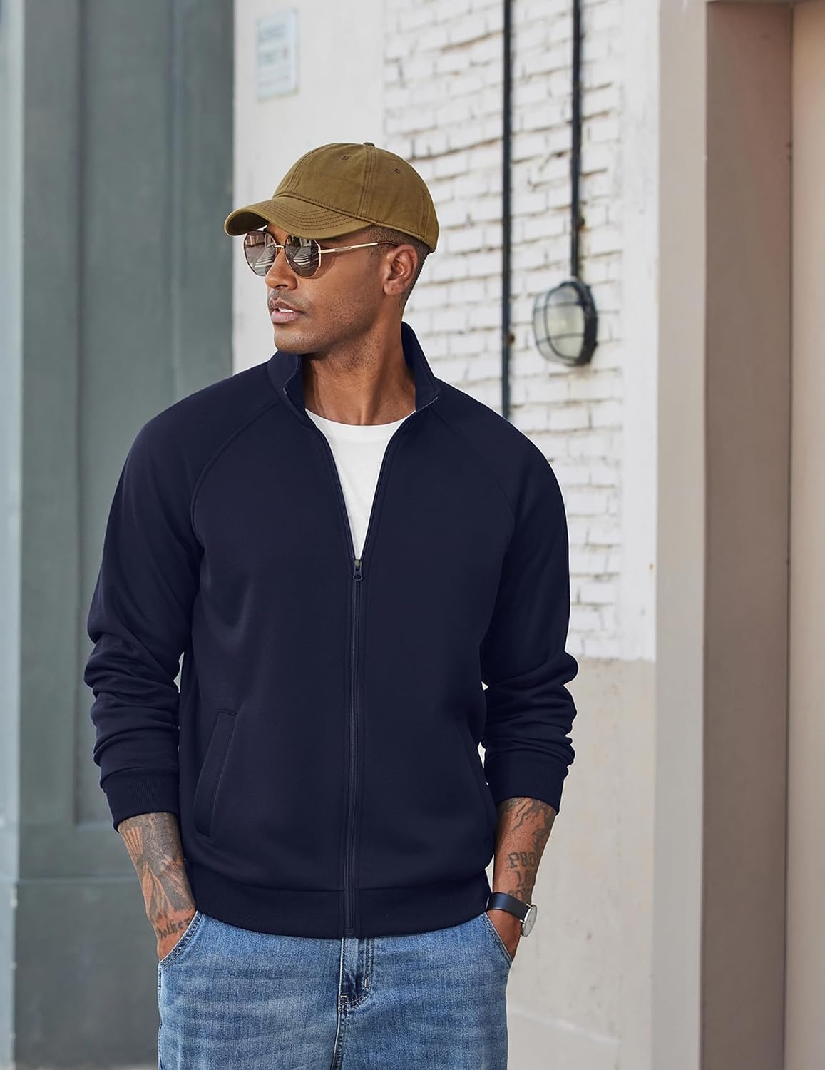 image:imageCOOFANDY Mens Zip Up Fleece Lined Sweatshirts Lightweight Sweater Jackets Long Sleeve Stand Collar Jacket Raglan Sleeve Casual Stylish Soft Comfort 2026 Fall Fashion Sweatshirt Winter Warm CoatDark Navy