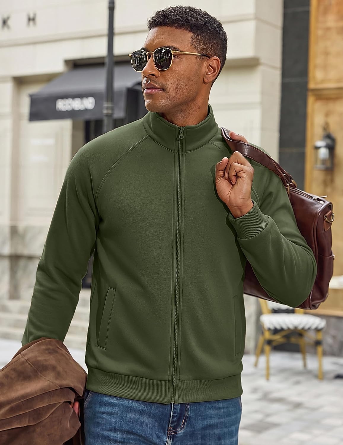 image:imageCOOFANDY Mens Zip Up Fleece Lined Sweatshirts Lightweight Sweater Jackets Long Sleeve Stand Collar Jacket Raglan Sleeve Casual Stylish Soft Comfort 2026 Fall Fashion Sweatshirt Winter Warm CoatArmy Green
