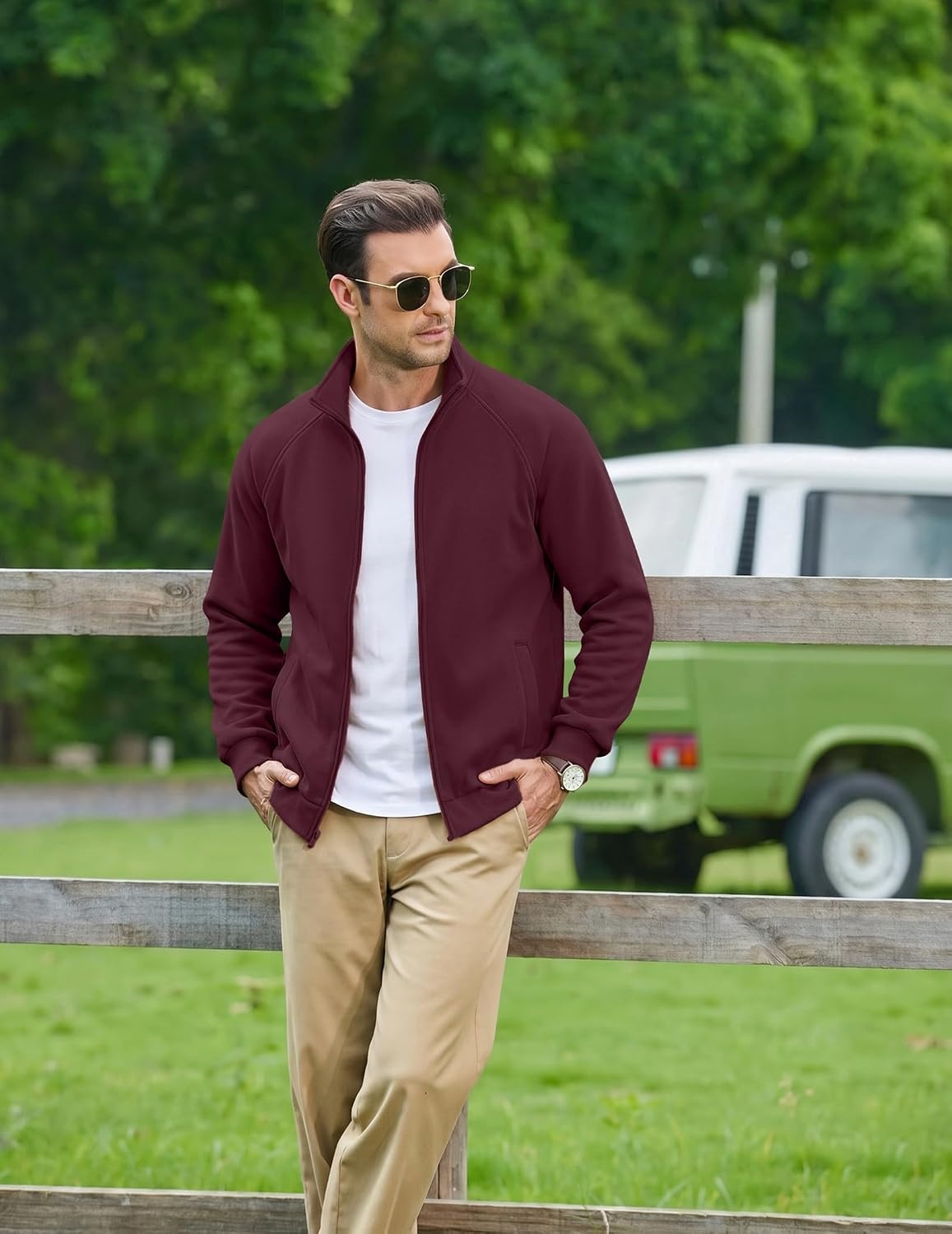 image:imageCOOFANDY Mens Zip Up Fleece Lined Sweatshirts Lightweight Sweater Jackets Long Sleeve Stand Collar Jacket Raglan Sleeve Casual Stylish Soft Comfort 2026 Fall Fashion Sweatshirt Winter Warm CoatBurgundy