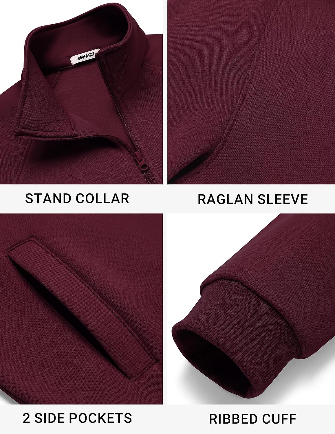 image:imageCOOFANDY Mens Zip Up Fleece Lined Sweatshirts Lightweight Sweater Jackets Long Sleeve Stand Collar Jacket Raglan Sleeve Casual Stylish Soft Comfort 2026 Fall Fashion Sweatshirt Winter Warm CoatBurgundy