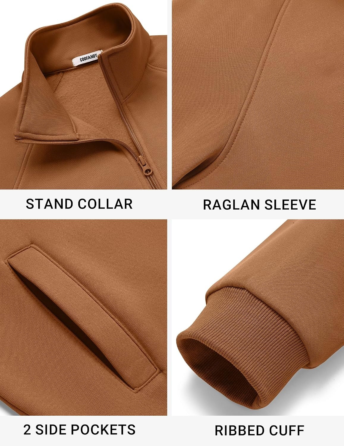 image:imageCOOFANDY Mens Zip Up Fleece Lined Sweatshirts Lightweight Sweater Jackets Long Sleeve Stand Collar Jacket Raglan Sleeve Casual Stylish Soft Comfort 2026 Fall Fashion Sweatshirt Winter Warm CoatLight Brown
