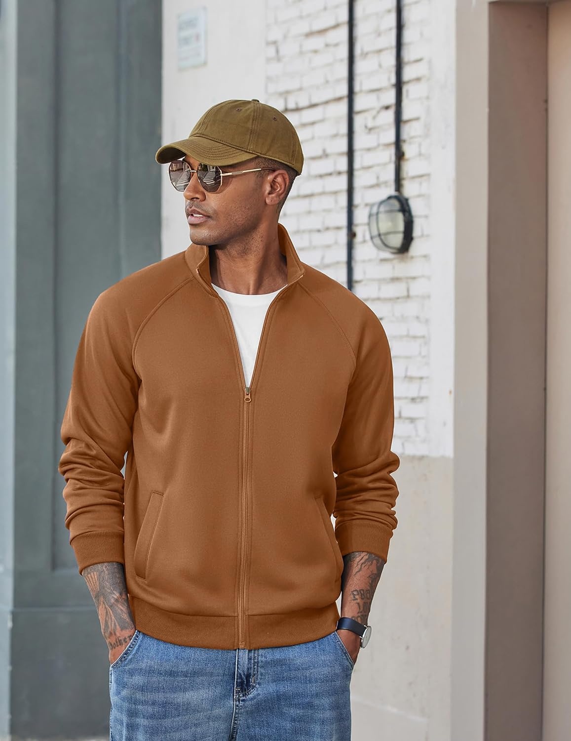 image:imageCOOFANDY Mens Zip Up Fleece Lined Sweatshirts Lightweight Sweater Jackets Long Sleeve Stand Collar Jacket Raglan Sleeve Casual Stylish Soft Comfort 2026 Fall Fashion Sweatshirt Winter Warm CoatLight Brown